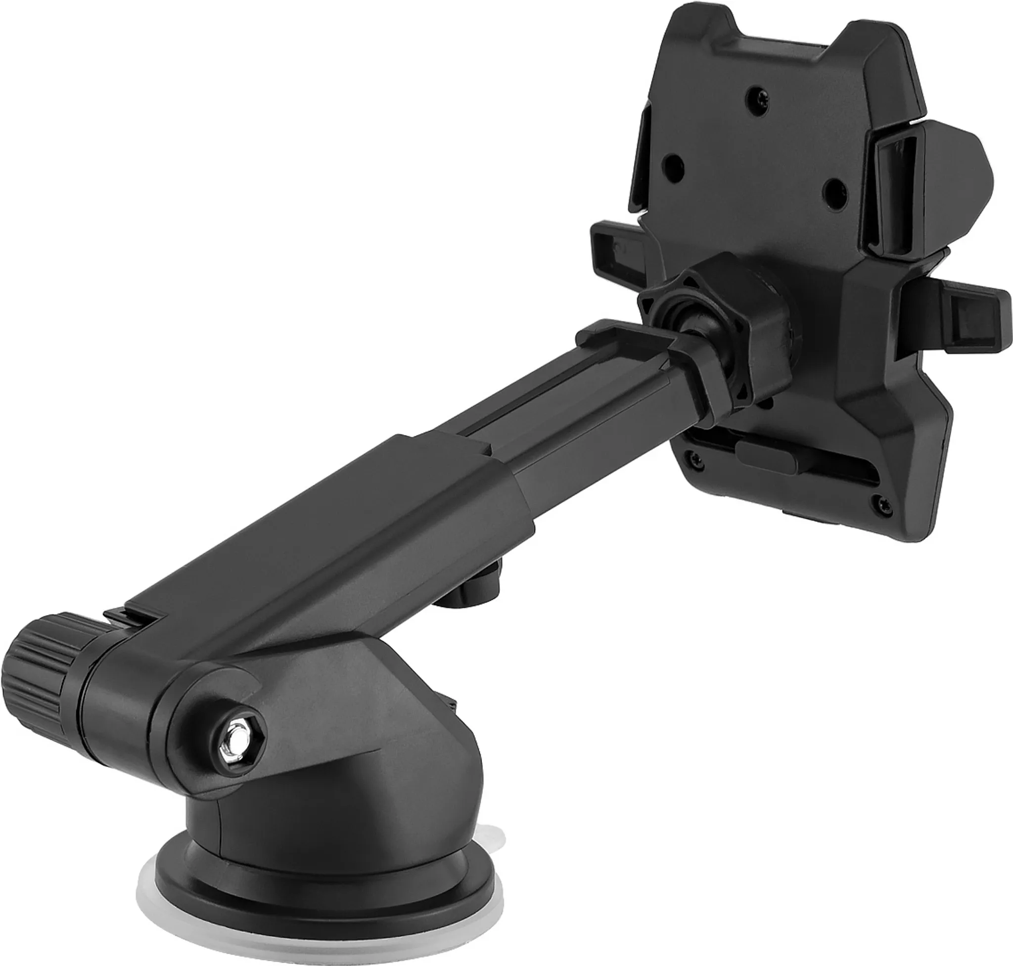 Schwarze Autotelefonhalterung, mit Saugnapfbasis und verstellbarem Arm.