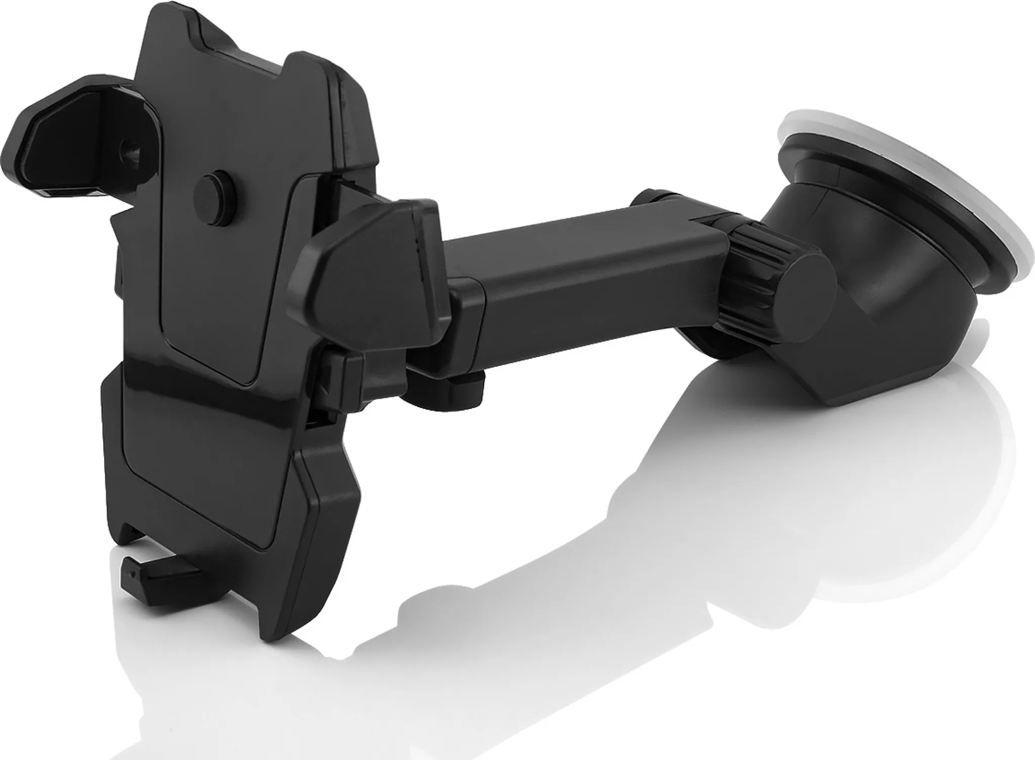 Schwarzer Autotelefonhalter mit Saugnapfbasis und verstellbarem Arm, auf weißem Hintergrund.