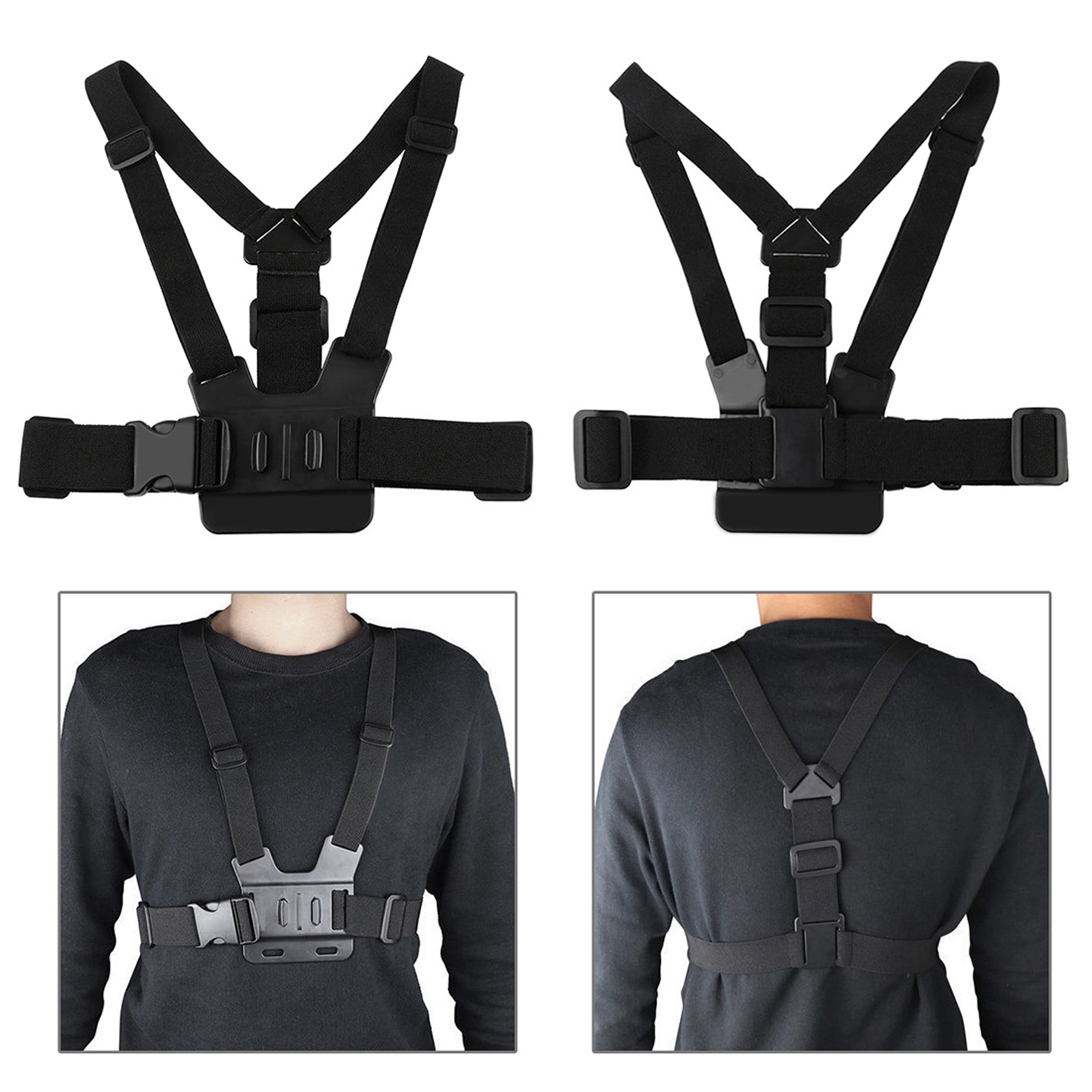 Bilder von Brustgurt-Harness. Eines mit Kamerahalterung und Schnalle. Zwei Personen tragen das Harness.