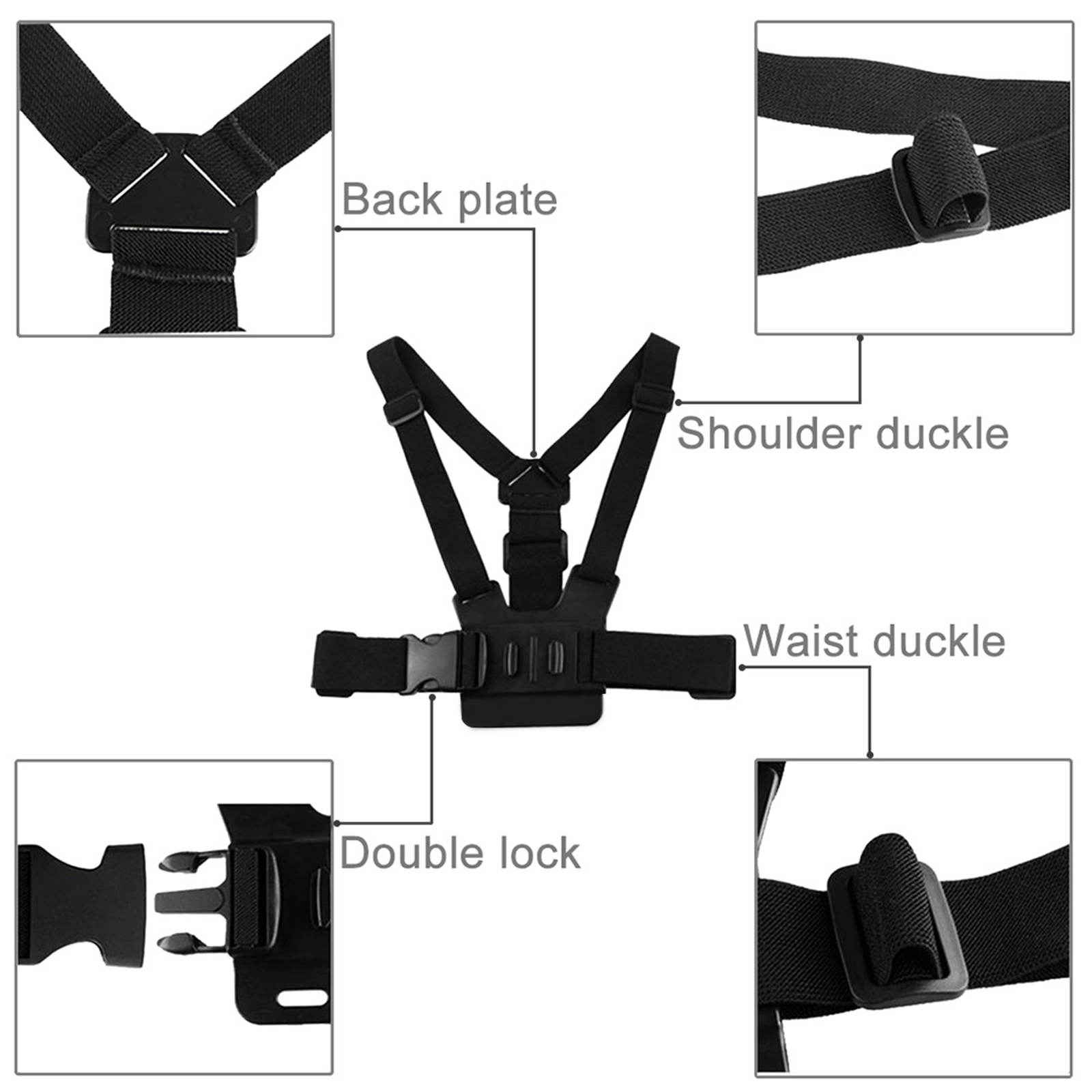 Nahaufnahme der Brustgurt-Harness-Komponenten: Rückplatte, Schulterschnalle, Taillenschnalle und Doppelschloss.