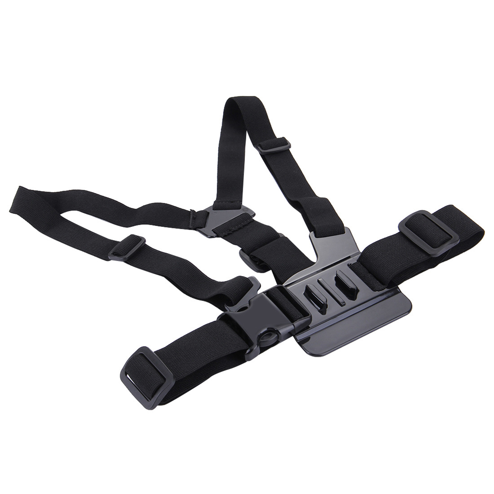 Schwarzes Brustgurt-Harness mit Riemen und Schnallen. Für Kamera oder Action-Cam gedacht.
