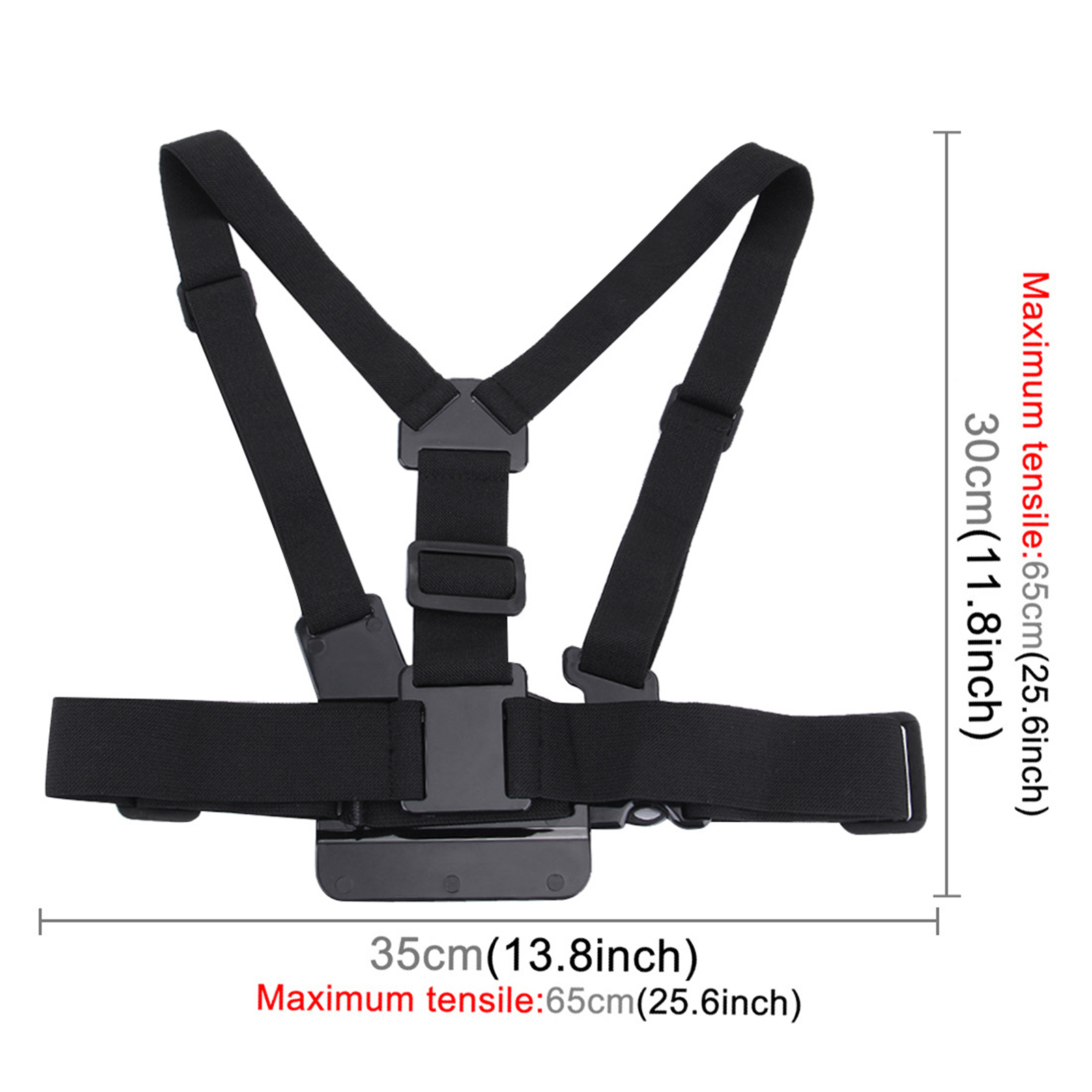 Brustgurt-Harness mit Maßen. Riemen, Schnalle und Halterung für eine Kamera.