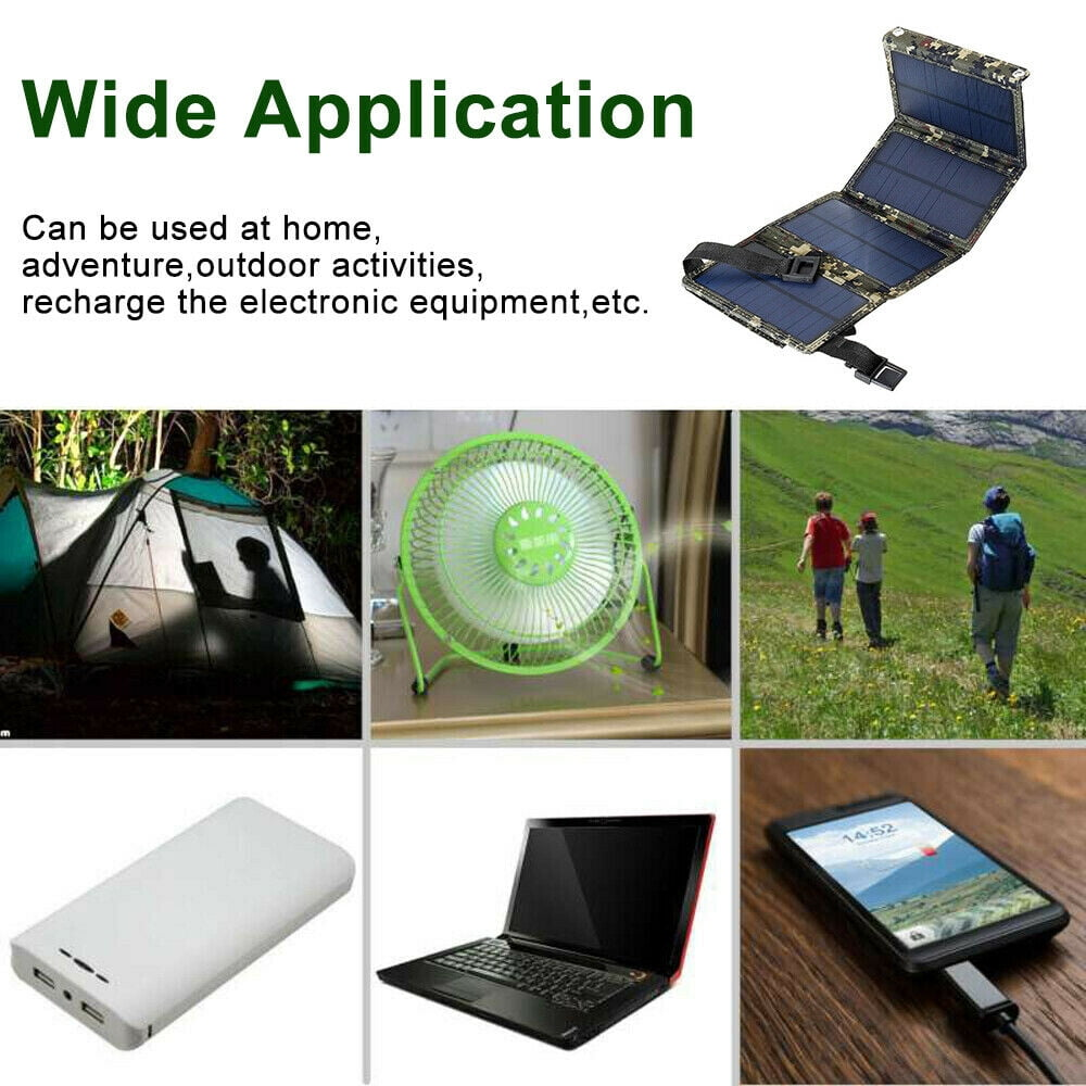 Breite Anwendung Abbildung. Zeigt tragbares Solarpanel mit Laptop, Zelt, Ventilator, Telefon und Wanderern.