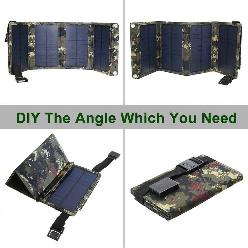 Vier Bilder eines faltbaren Solarpanels in verschiedenen Positionen. Der Text lautet 'DIY The Angle Which You Need'.