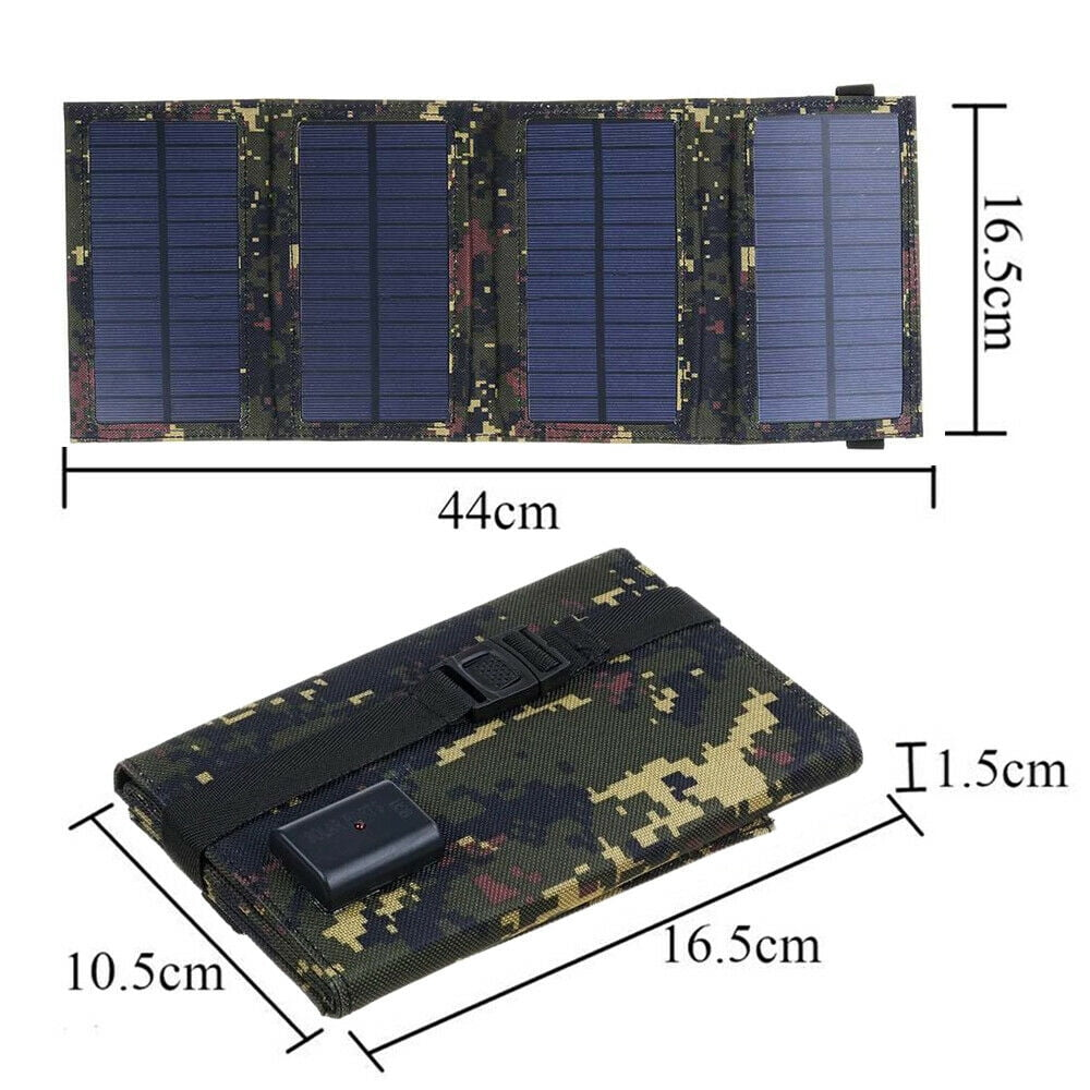 Faltbares Solarpanel in zwei Positionen. Abmessungen sind in cm angegeben. Es ist grün mit schwarzem Riemen und Schnalle.