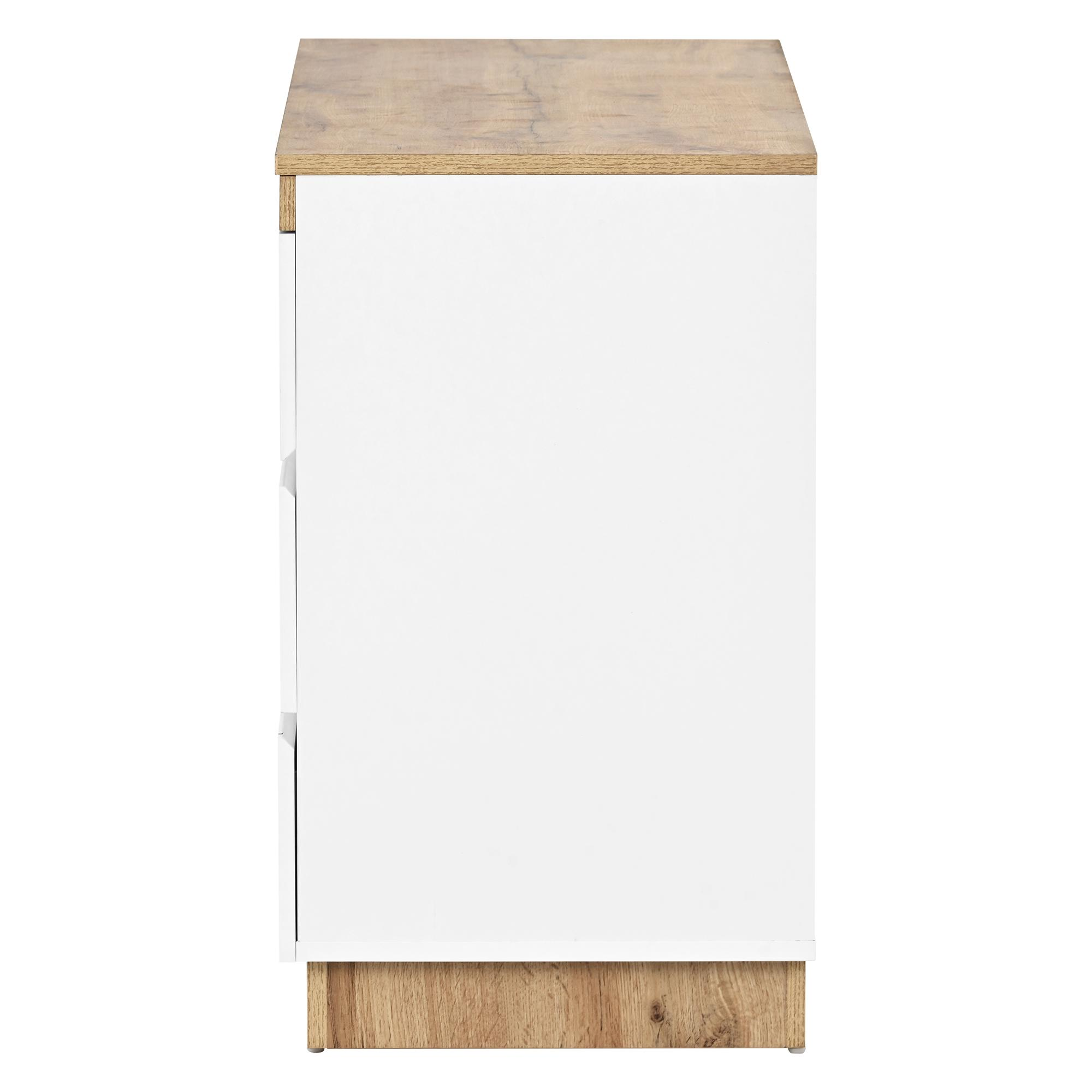 Seitenansicht eines weißen und Holzschranks. Holzsockel und -oberteil. Einfaches Design.