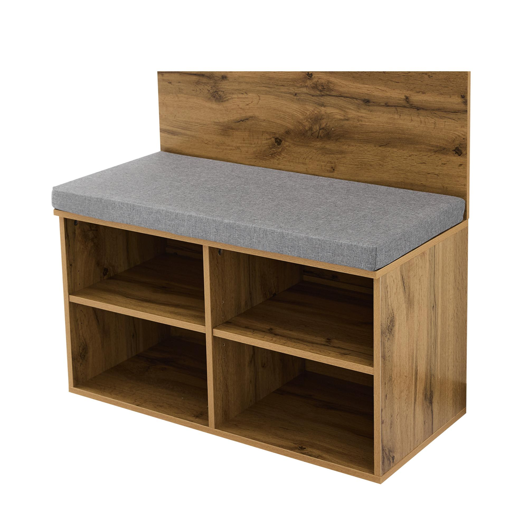 Schuhbank aus Holz mit grauem Kissen, vier Fächern und einer Rückwand.