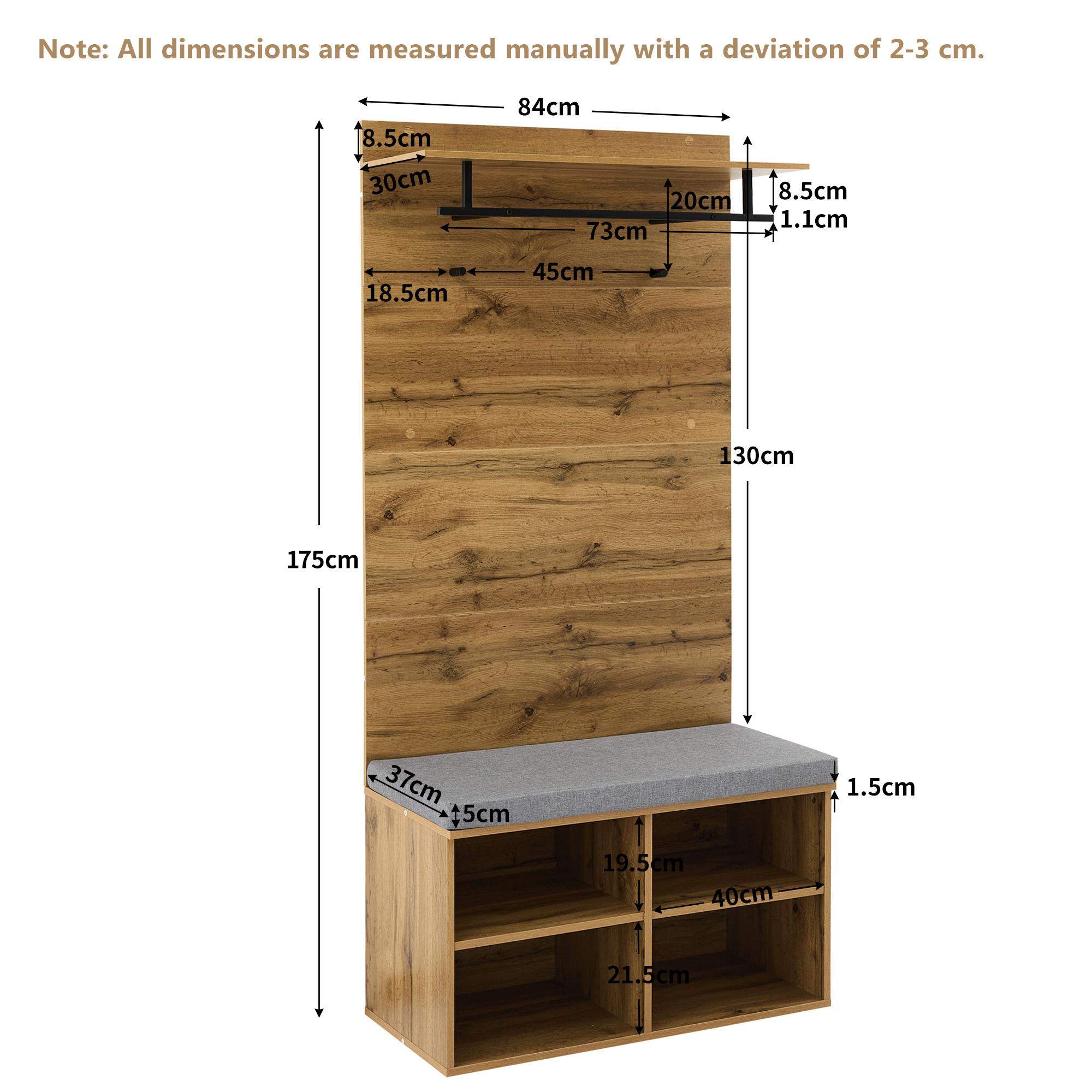 Garderobenständer aus Holz mit Ablage, Haken und Schuhbank mit Maßen.