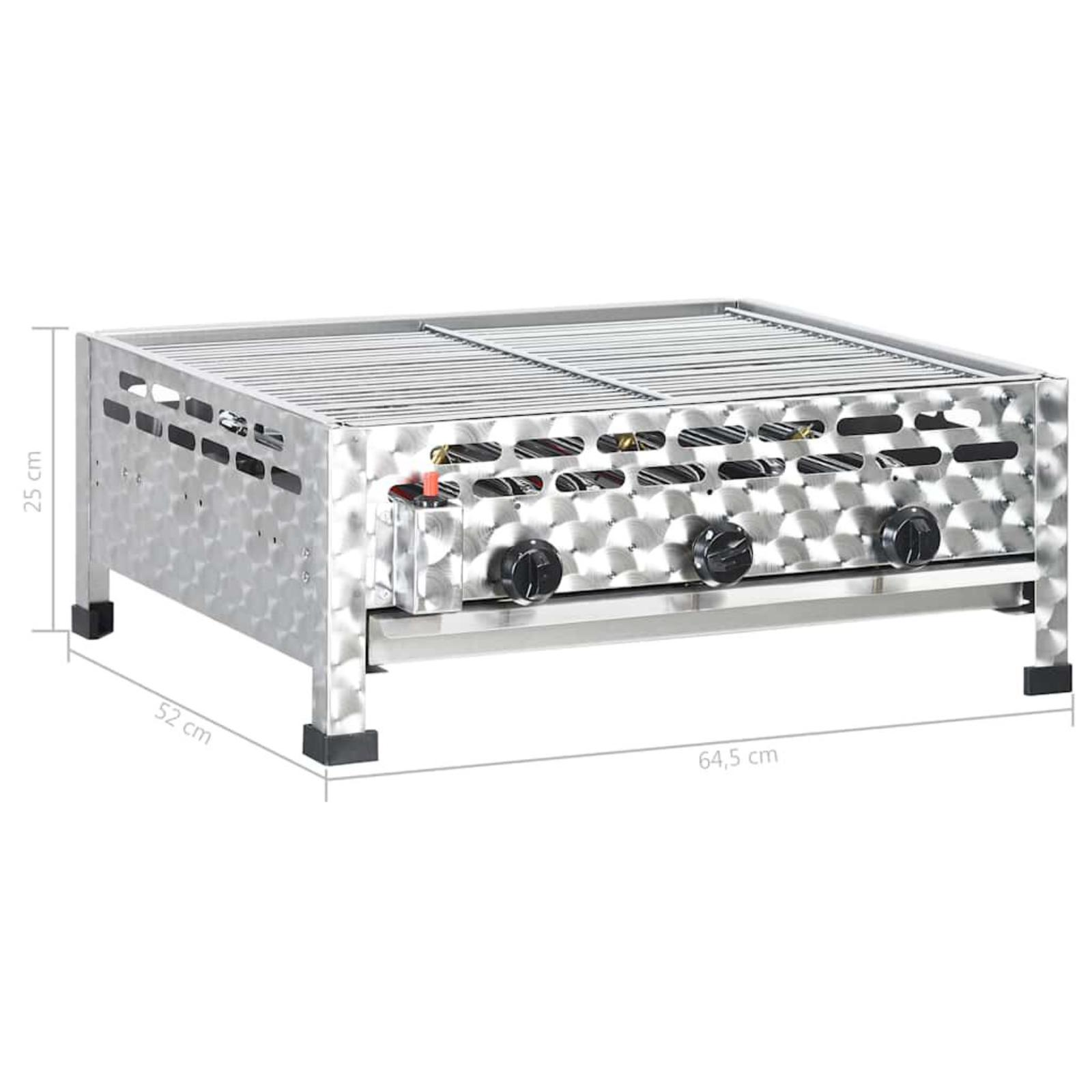 Edelstahlgrill mit drei Knöpfen und Kochfläche mit Maßen.