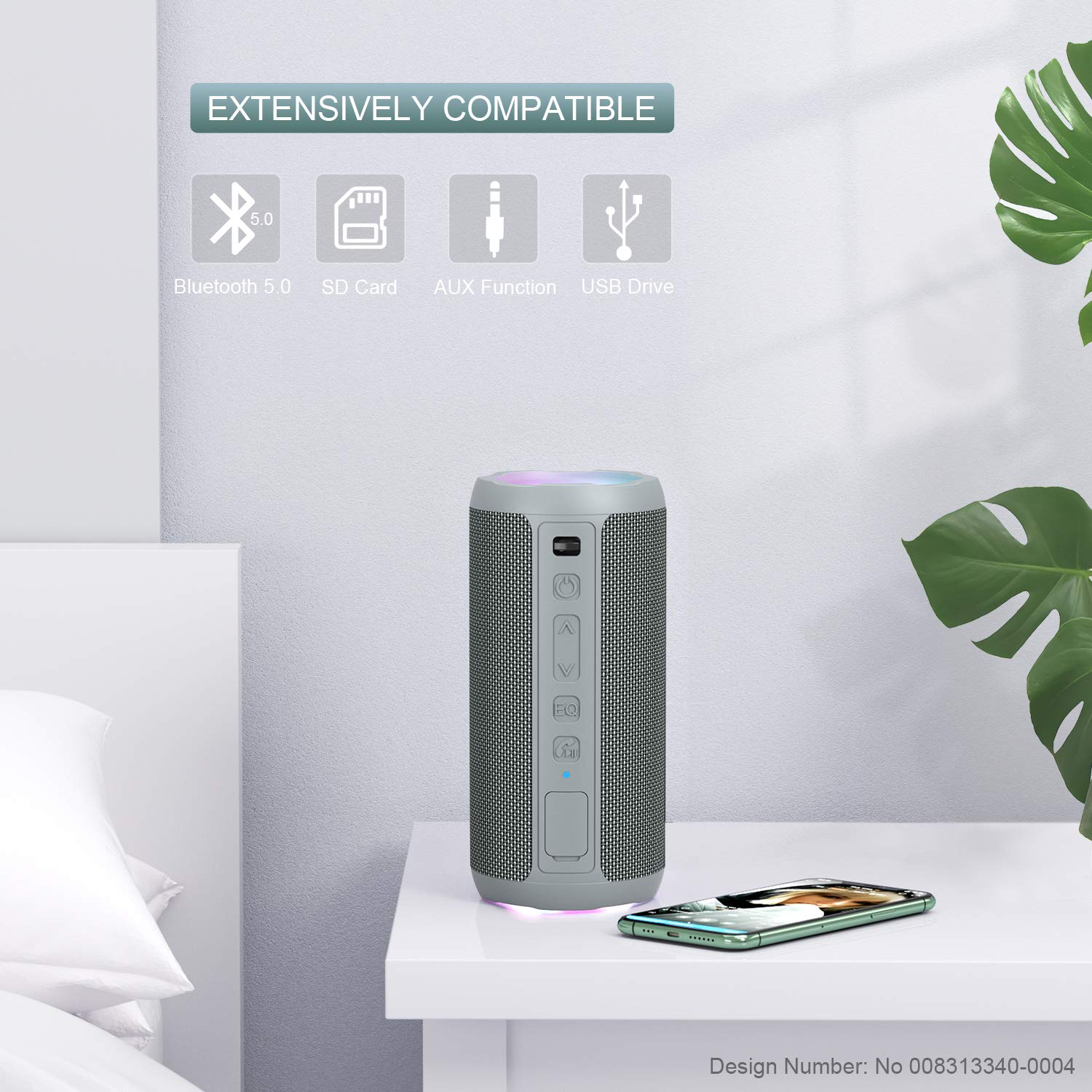Grauer Lautsprecher mit Knöpfen, Telefon und Symbolen für Bluetooth, SD, AUX und USB.