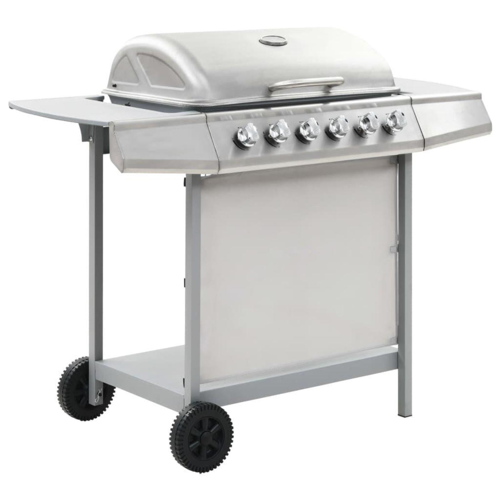Ein grauer Grill mit Deckel, Seitenablagen und einer Reihe von Brennern auf einem Wagen.