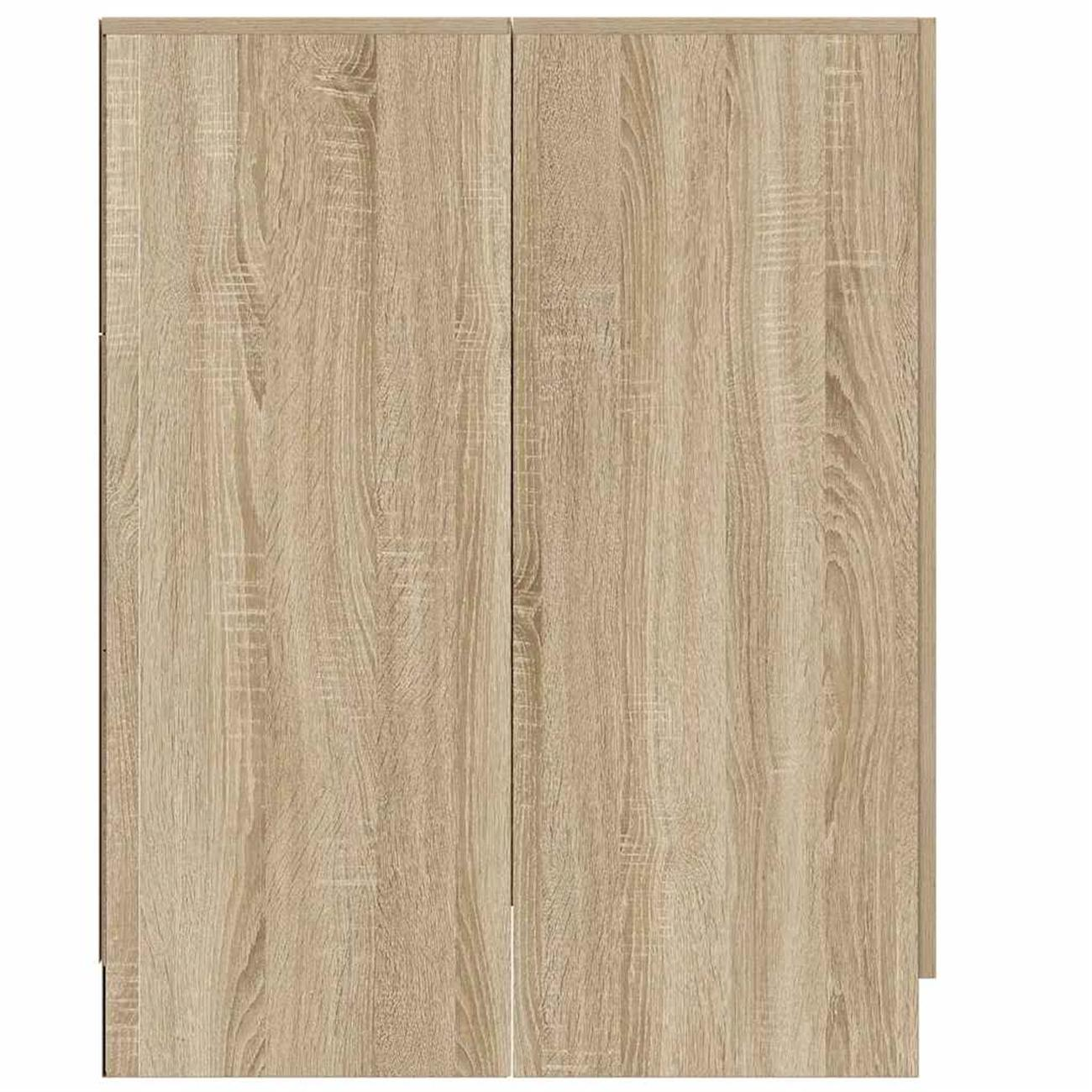 Geschlossener Holzschrank. Holzmaserung ist auf den Türen sichtbar.