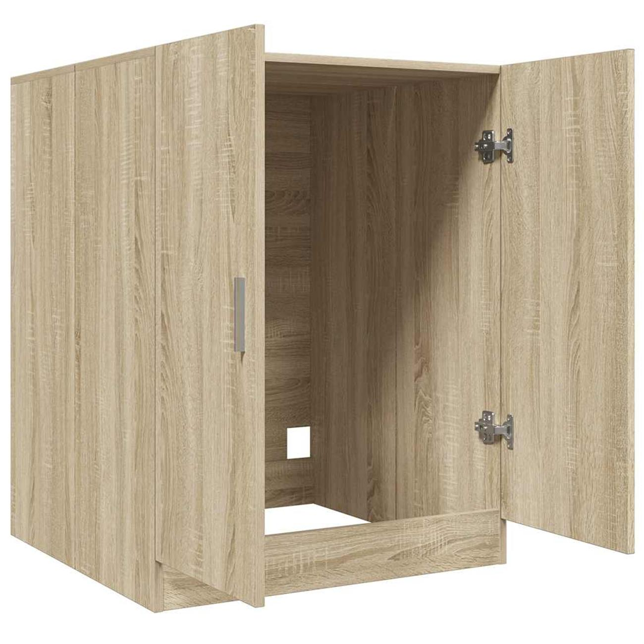 Holzschrank mit offenen Türen. Das Innere ist leer, mit einer quadratischen Öffnung.
