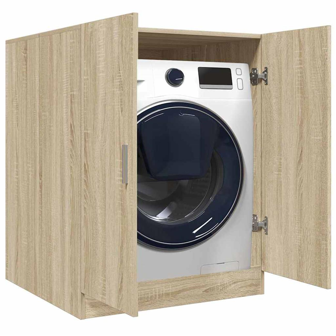Schrank mit Waschmaschine innen. Offene Türen, helles Holz. Die Waschmaschine hat eine blaue Tür.