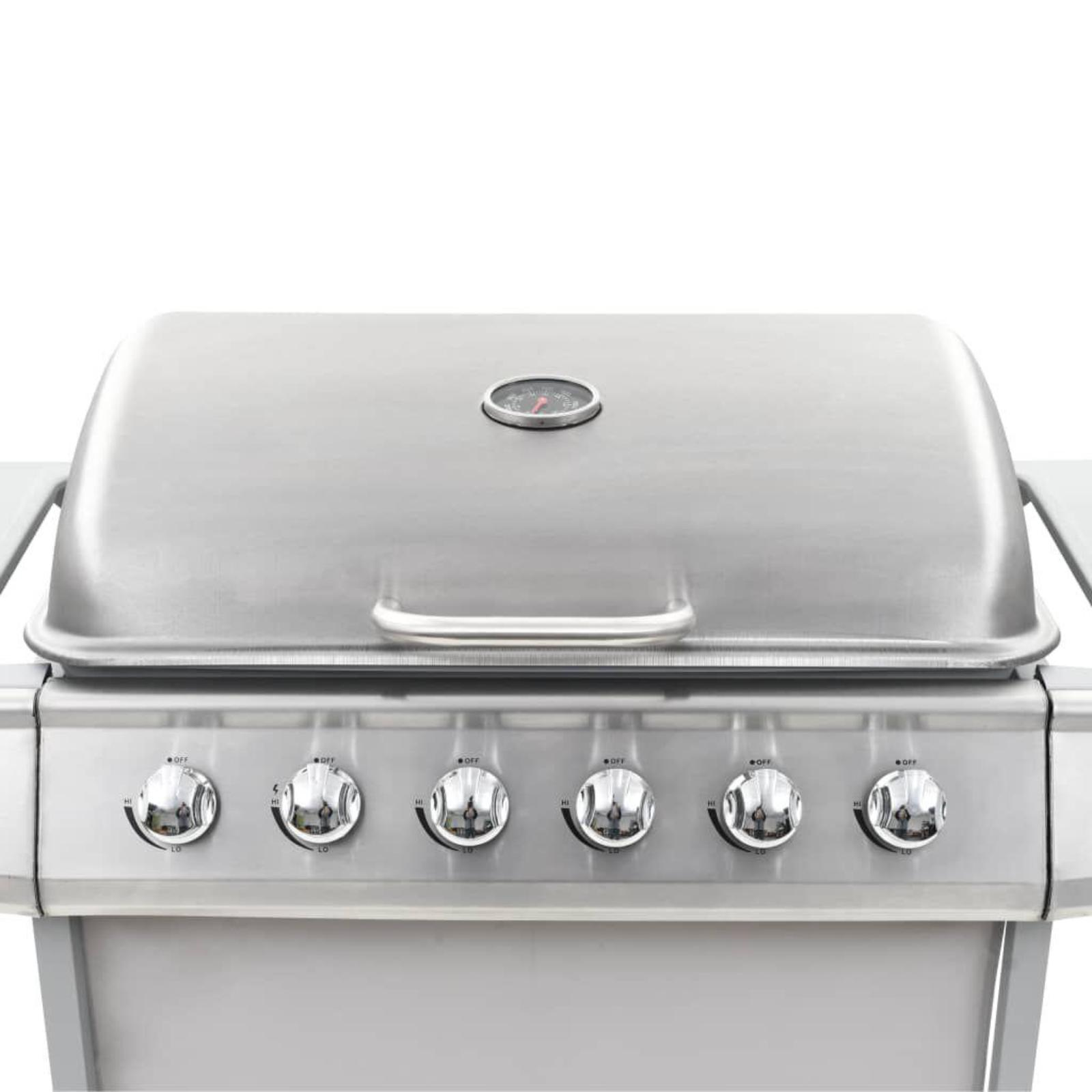 Gasgrill mit geschlossenem Deckel. Sechs Knöpfe sind sichtbar. Edelstahl.