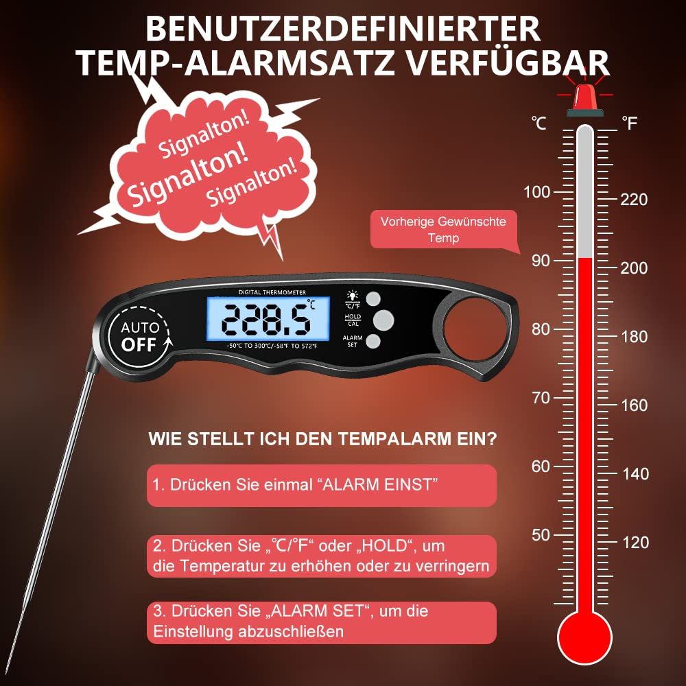 Digitalthermometer mit 228,5 Grad. Text zeigt Alarmeinstellungen und Temperaturanzeige.