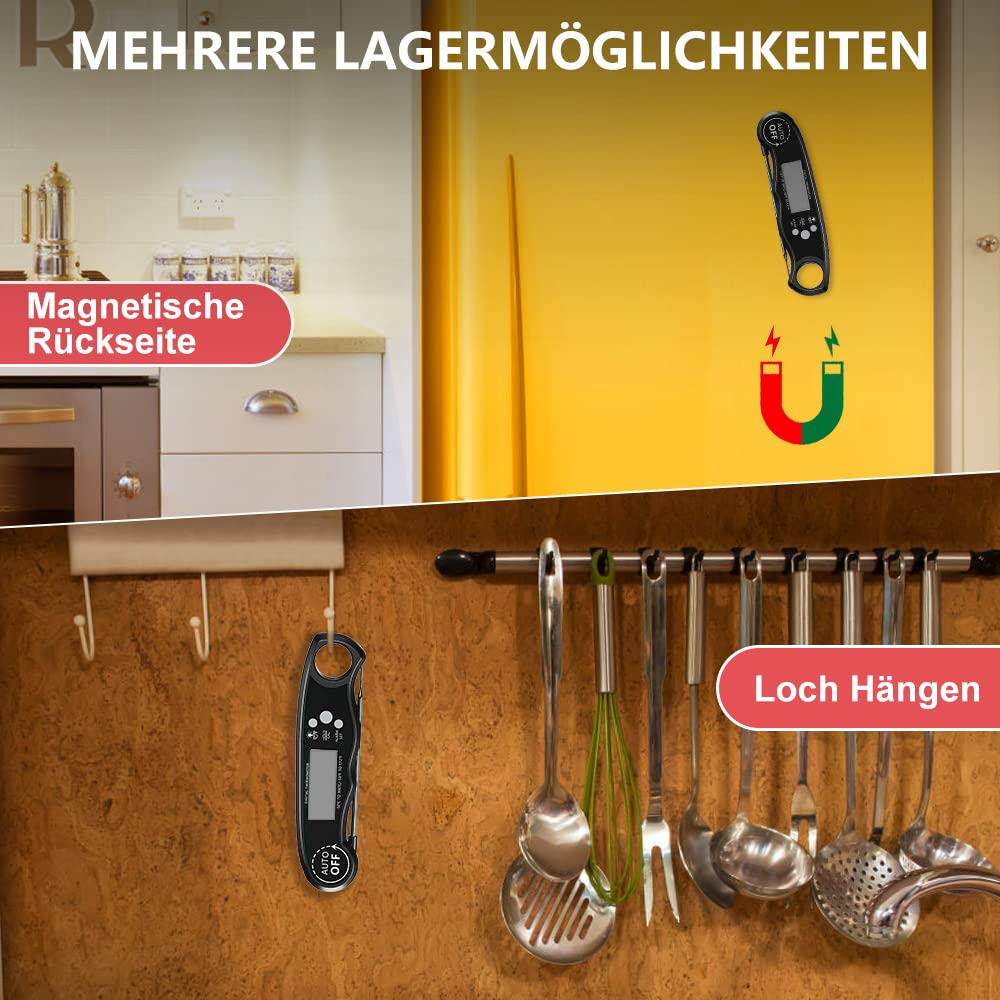 Eine Küchenszene mit Thermometer und Utensilien. Ein Thermometer hängt an einem Haken.