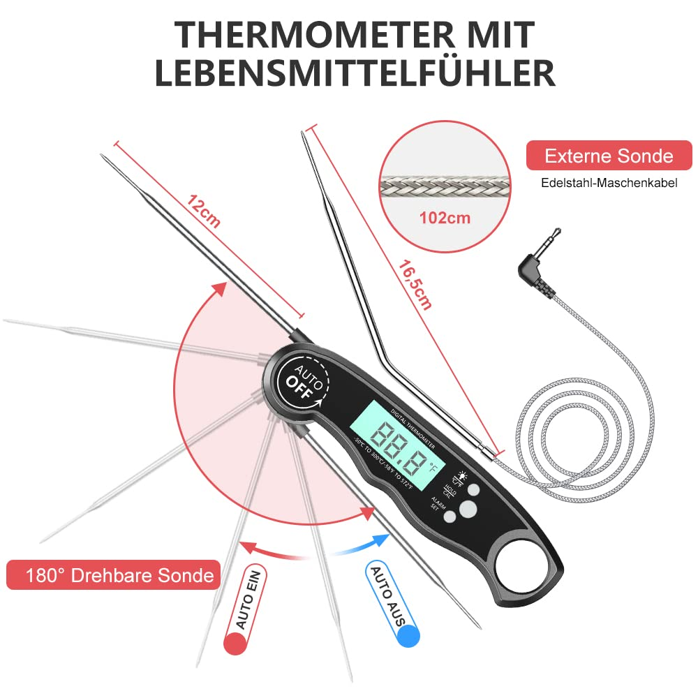Thermometer mit Beschriftungen. Zeigt Temperatur, Sondendetails und Abmessungen. Weißer Hintergrund.