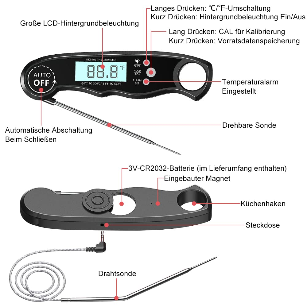 Ein digitales Thermometer mit langer Sonde. Es hat einen LCD-Bildschirm und verschiedene beschriftete Tasten.