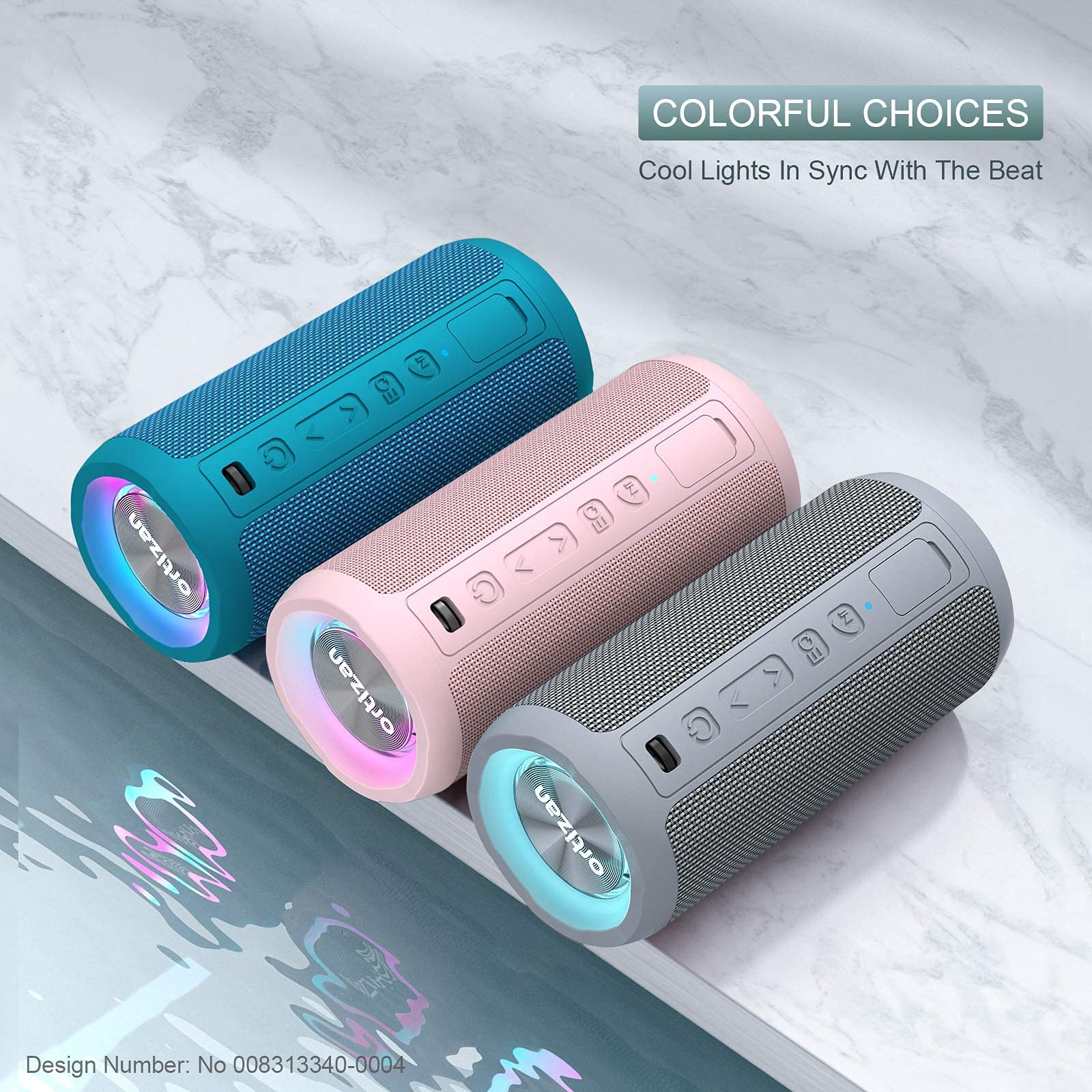 Drei bunte Lautsprecher, türkis, rosa und grau, mit Lichtern um die Sockel. Der Text 'Colorful Choices'.