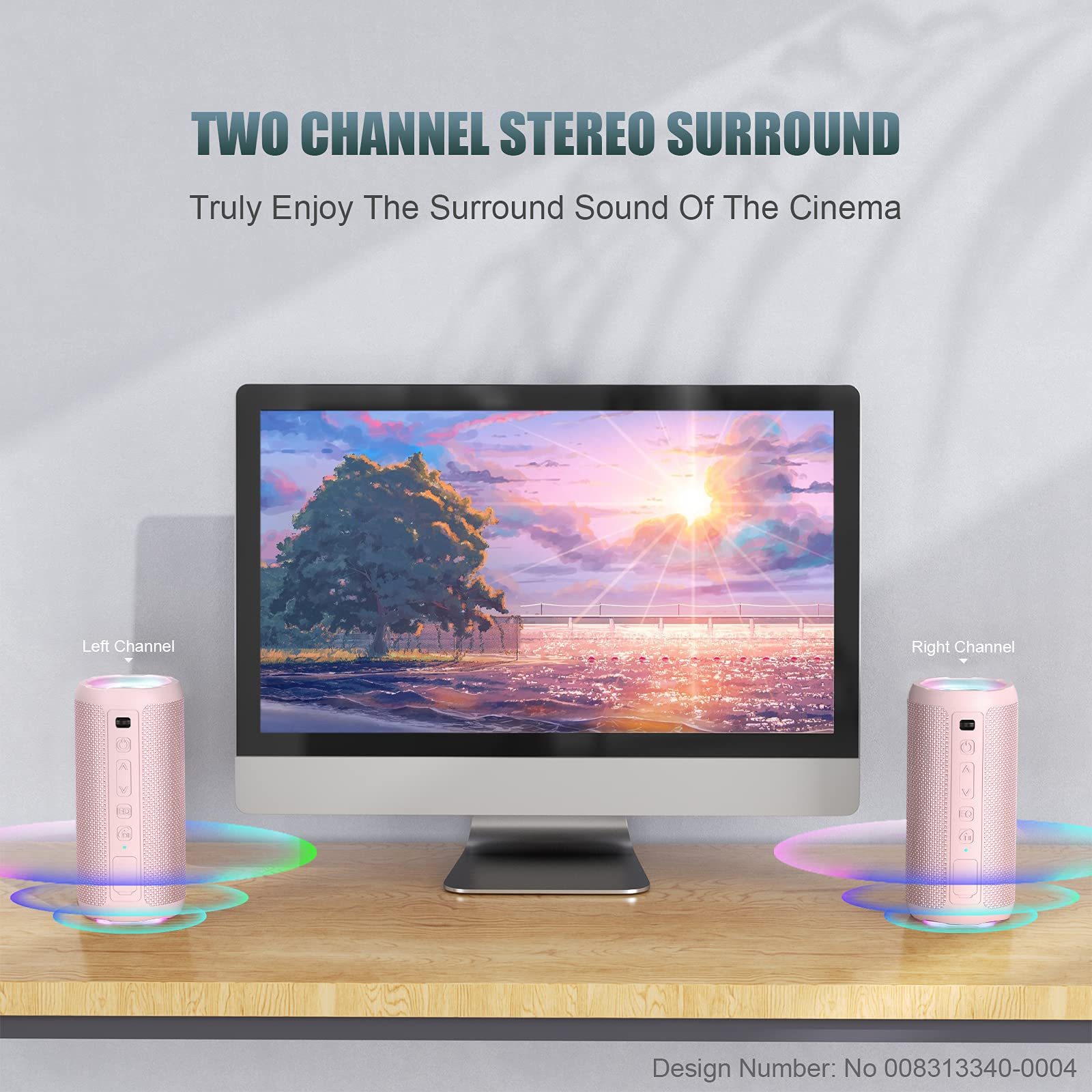 Zwei rosa Lautsprecher neben einem Monitor, mit Text über Surround-Sound.