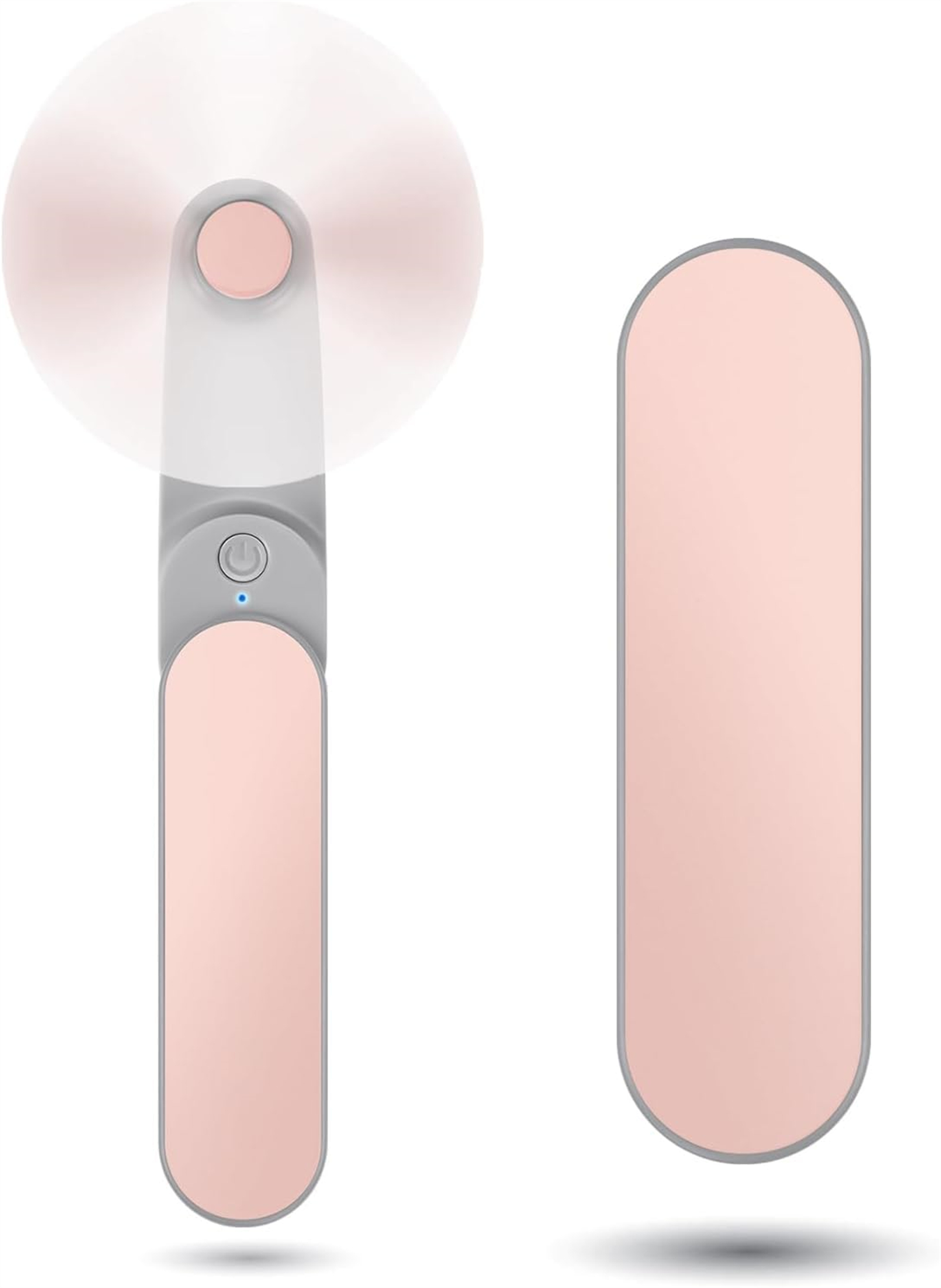 Ein weißer und grauer tragbarer Ventilator wird mit einem rosa Panel und einem blauen Licht am Griff gezeigt.