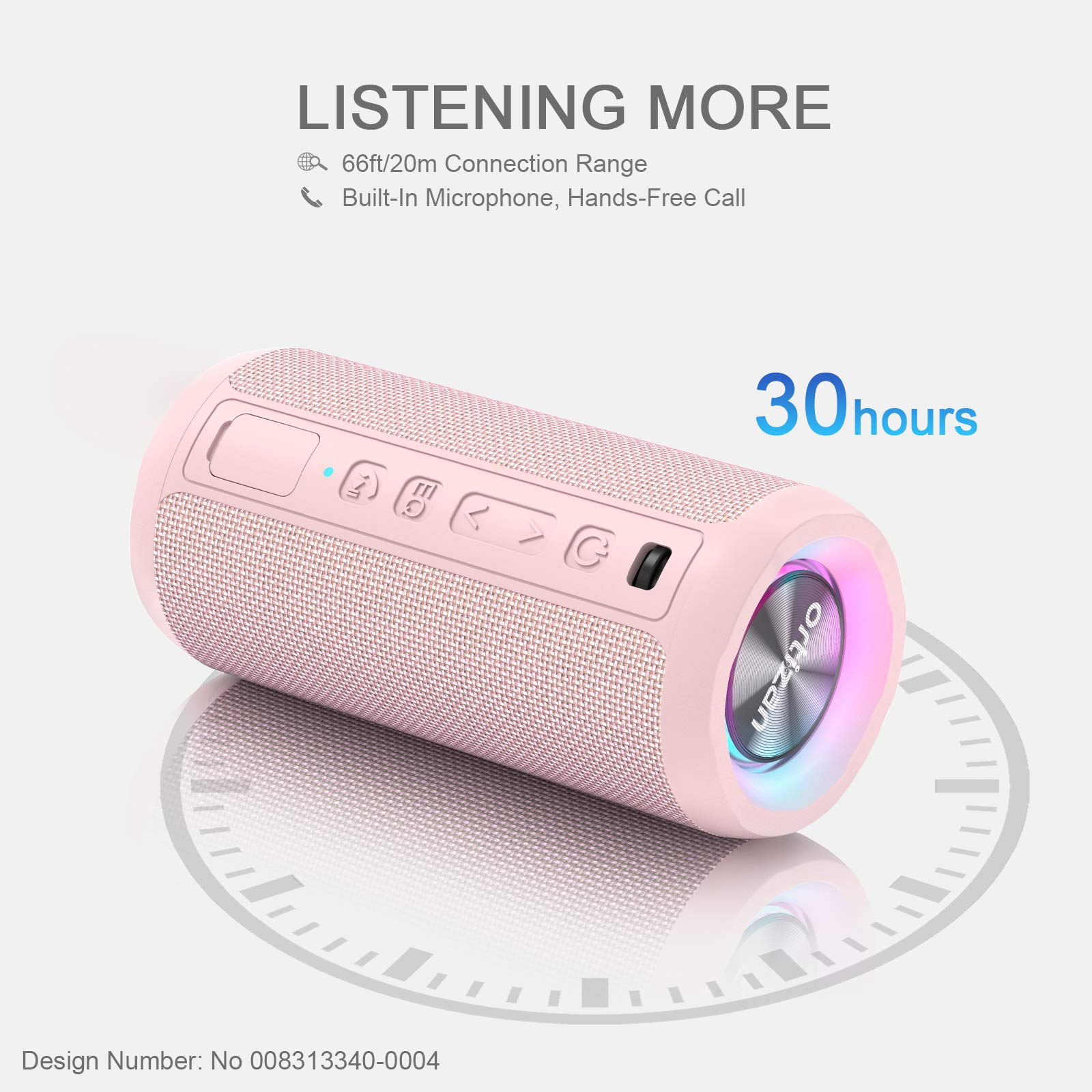 Ein rosa Lautsprecher mit Symbolen und Text auf der Seite. Ein Uhrenbild wird mit dem Text 30 Stunden angezeigt.