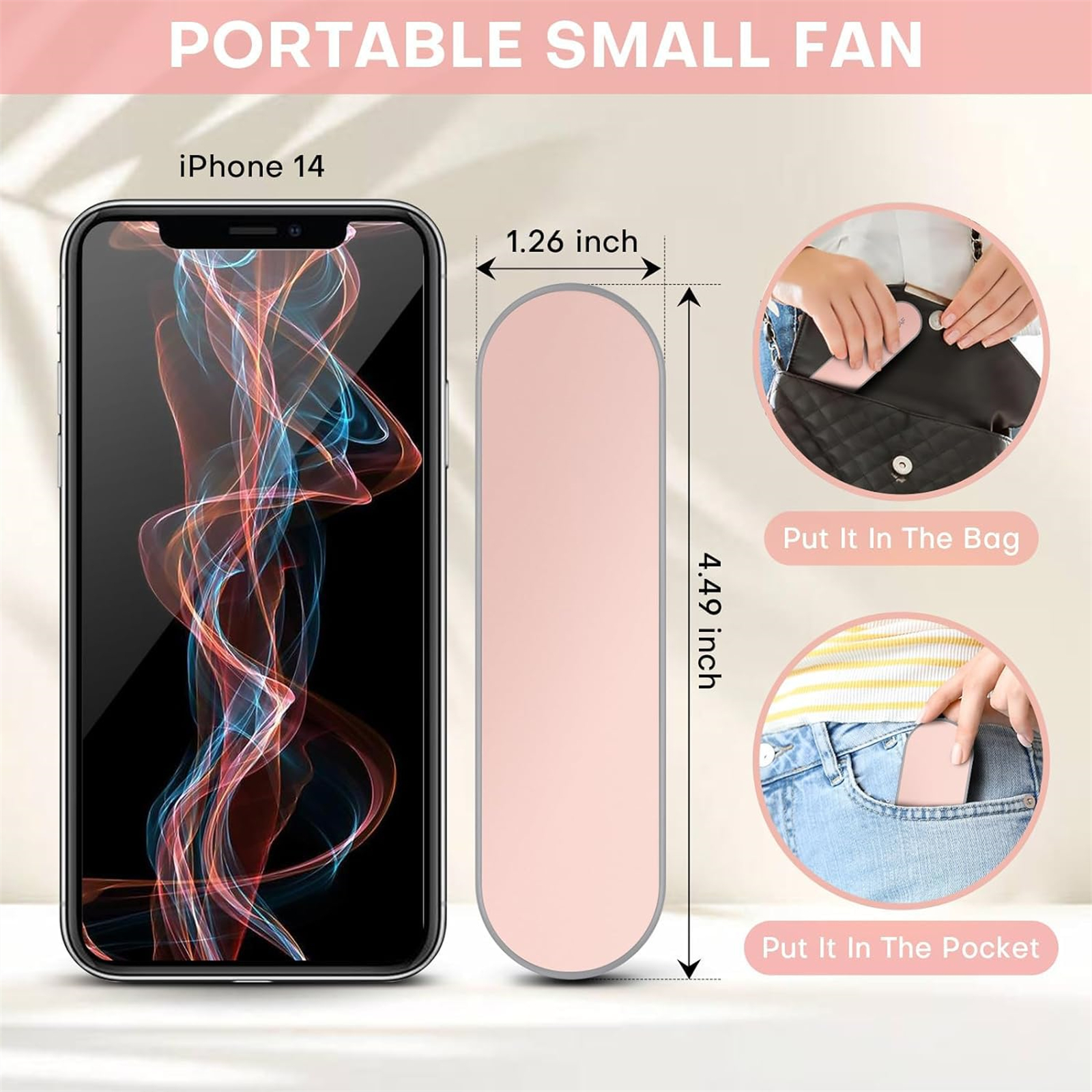 Ein kleiner rosa tragbarer Ventilator neben einem iPhone 14, mit Nutzungsbildern.