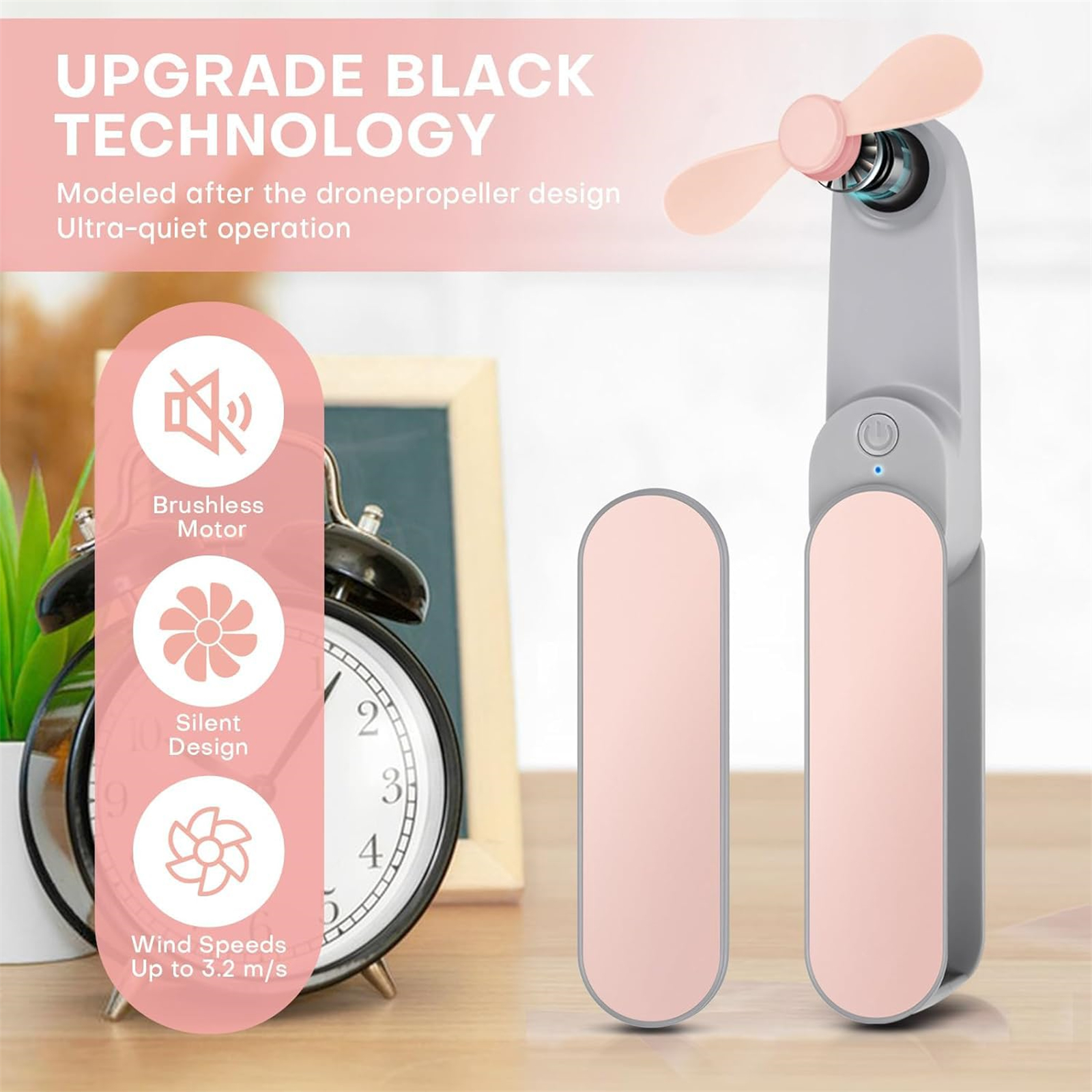 Ein rosa-grauer tragbarer Ventilator wird mit einer Uhr und Symbolen im Hintergrund gezeigt.