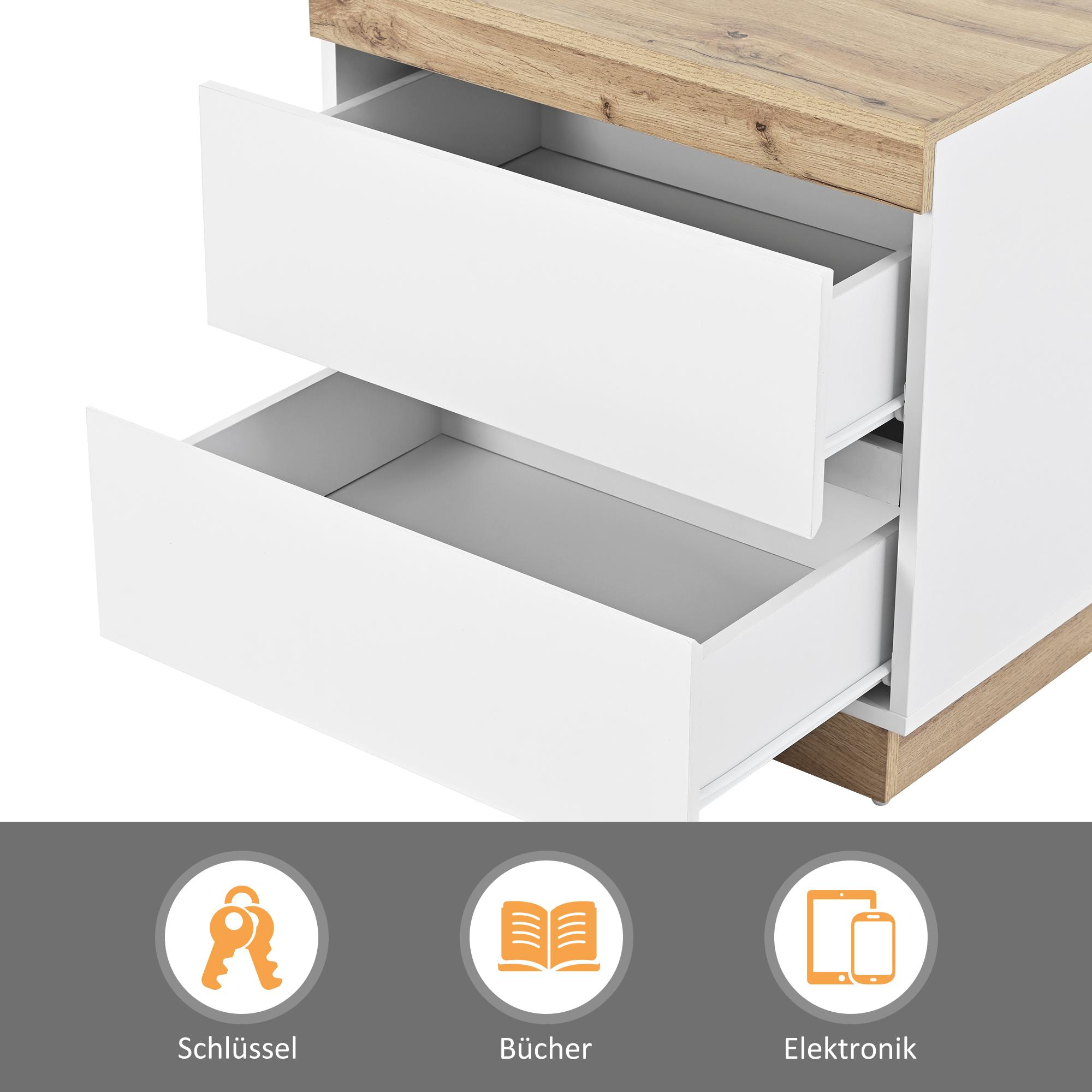 Ein weißer Schrank mit zwei Schubladen, eine offen. Holzplatte mit Symbolen für Schlüssel, Bücher und Elektronik.