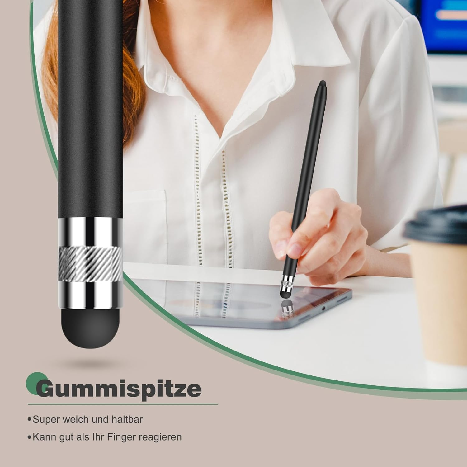Ein schwarzer Stift auf einem Tablet wird verwendet. Text: Gummitspitze, weich und langlebig.