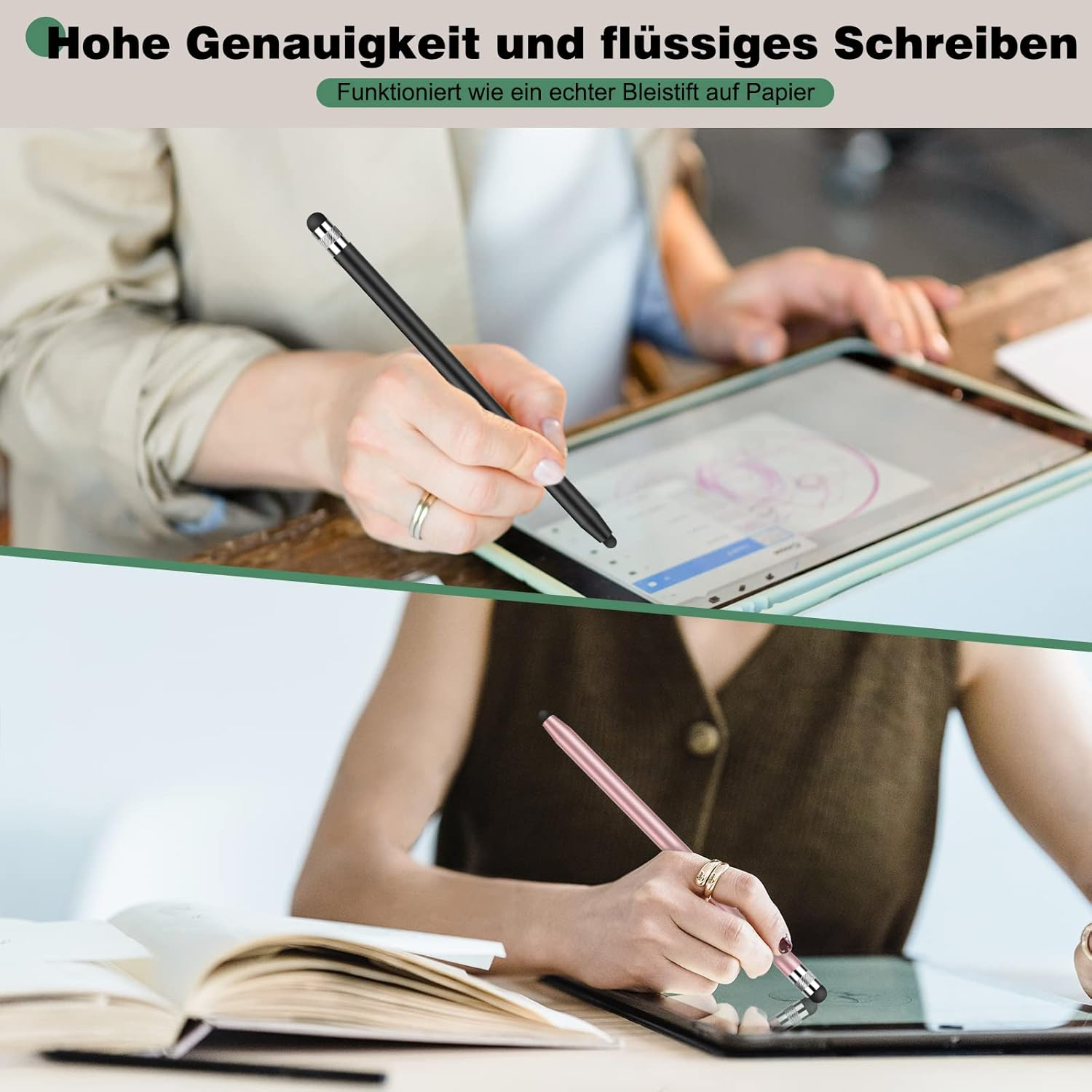 Zwei Personen benutzen Stifte auf Tablets. Ein schwarzer und ein pinker Stift werden benutzt.