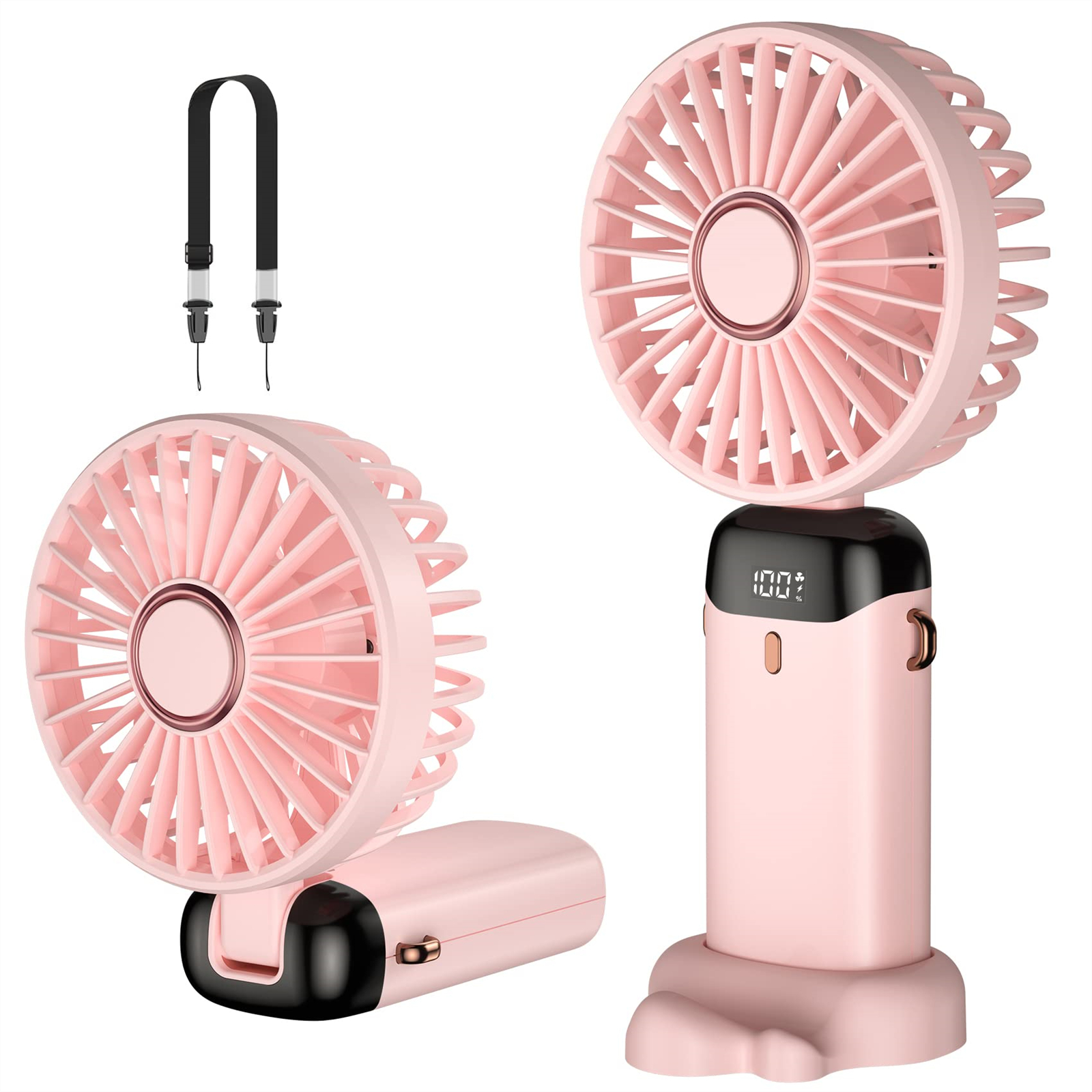 Zwei kleine rosa Ventilatoren mit schwarzen Akzenten. Einer gefaltet, einer aufrecht, und ein schwarzer Riemen.