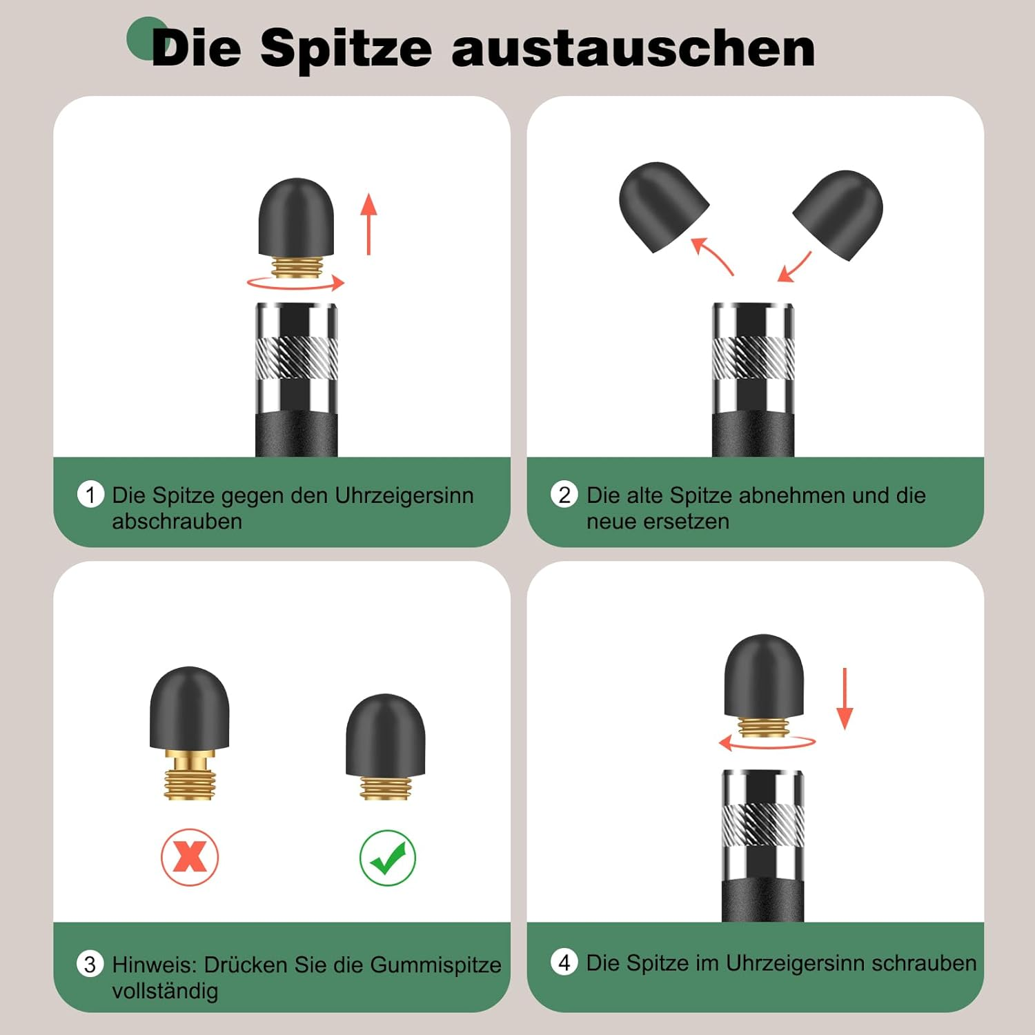 Anleitung zum Austausch der Stiftspitze: Abschrauben, alte Spitze entfernen, ersetzen und neue Spitze anschrauben.