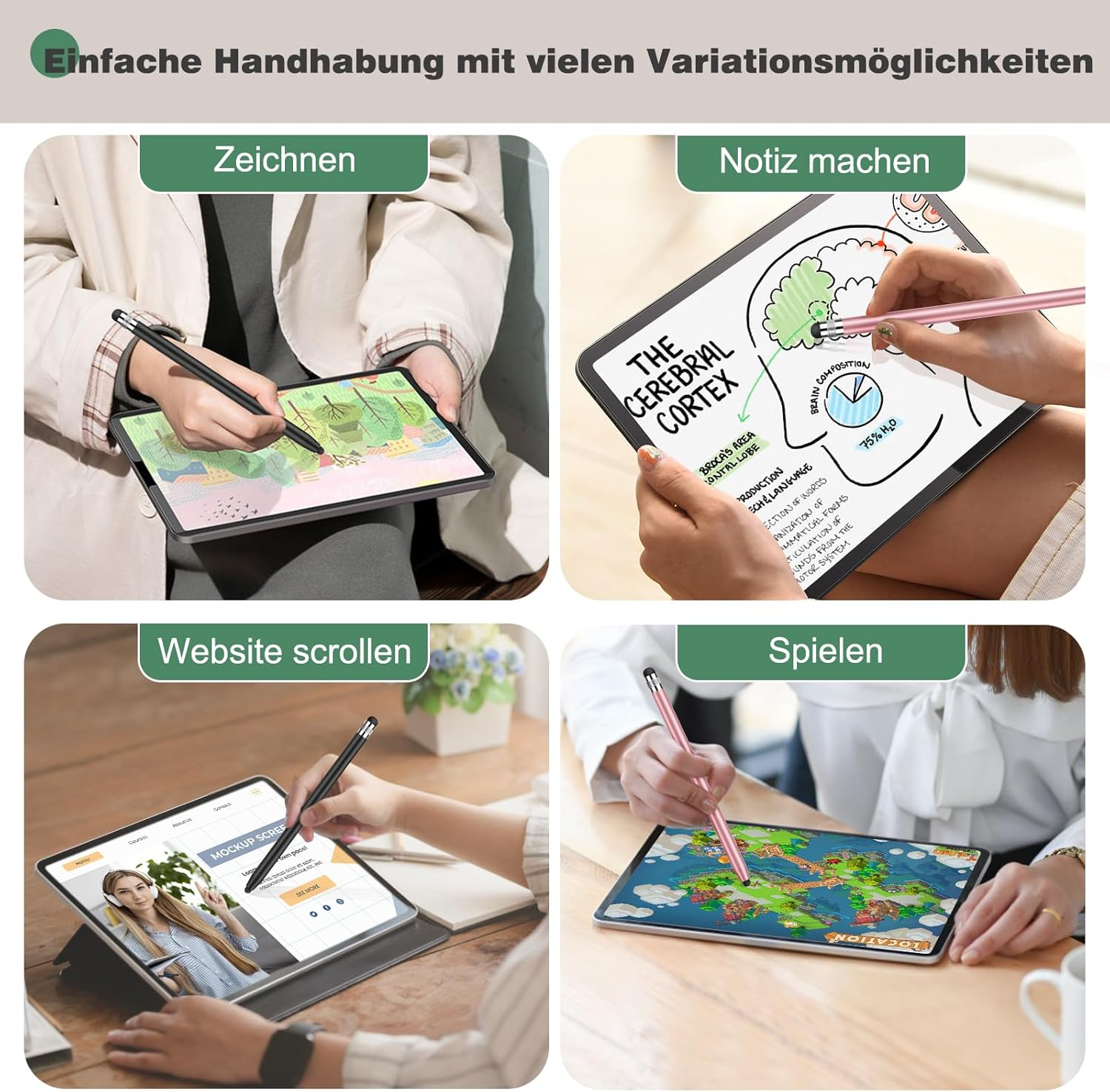 Eine Person, die ein Tablet mit einem Stift zum Zeichnen, Notizen machen, Scrollen und Spielen verwendet.