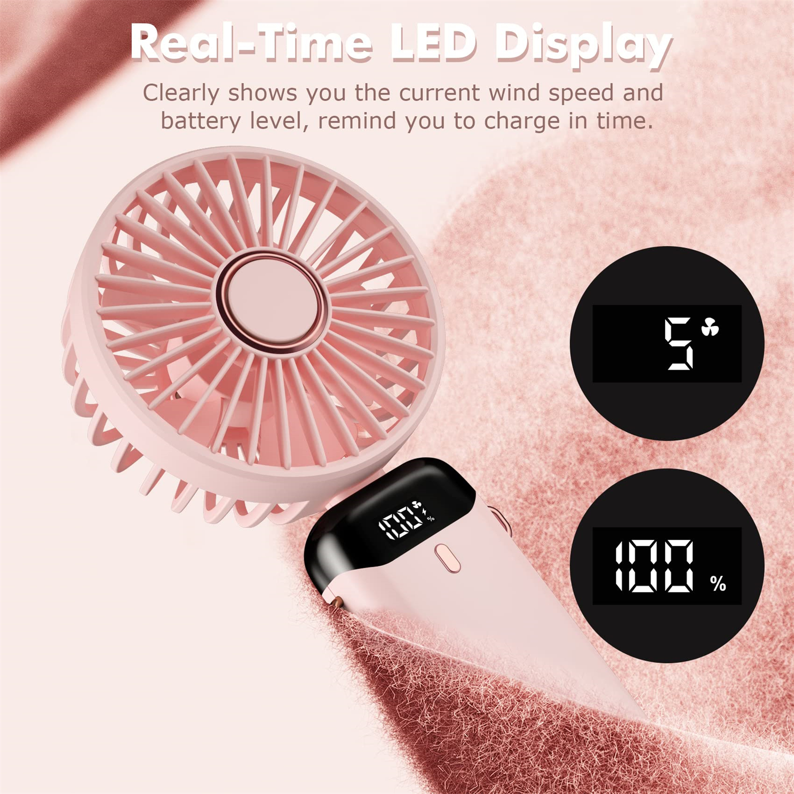 Rosa Ventilator mit Digitalanzeige für Geschwindigkeit und Akkuprozentsatz. Anzeige zeigt 5 und 100%.