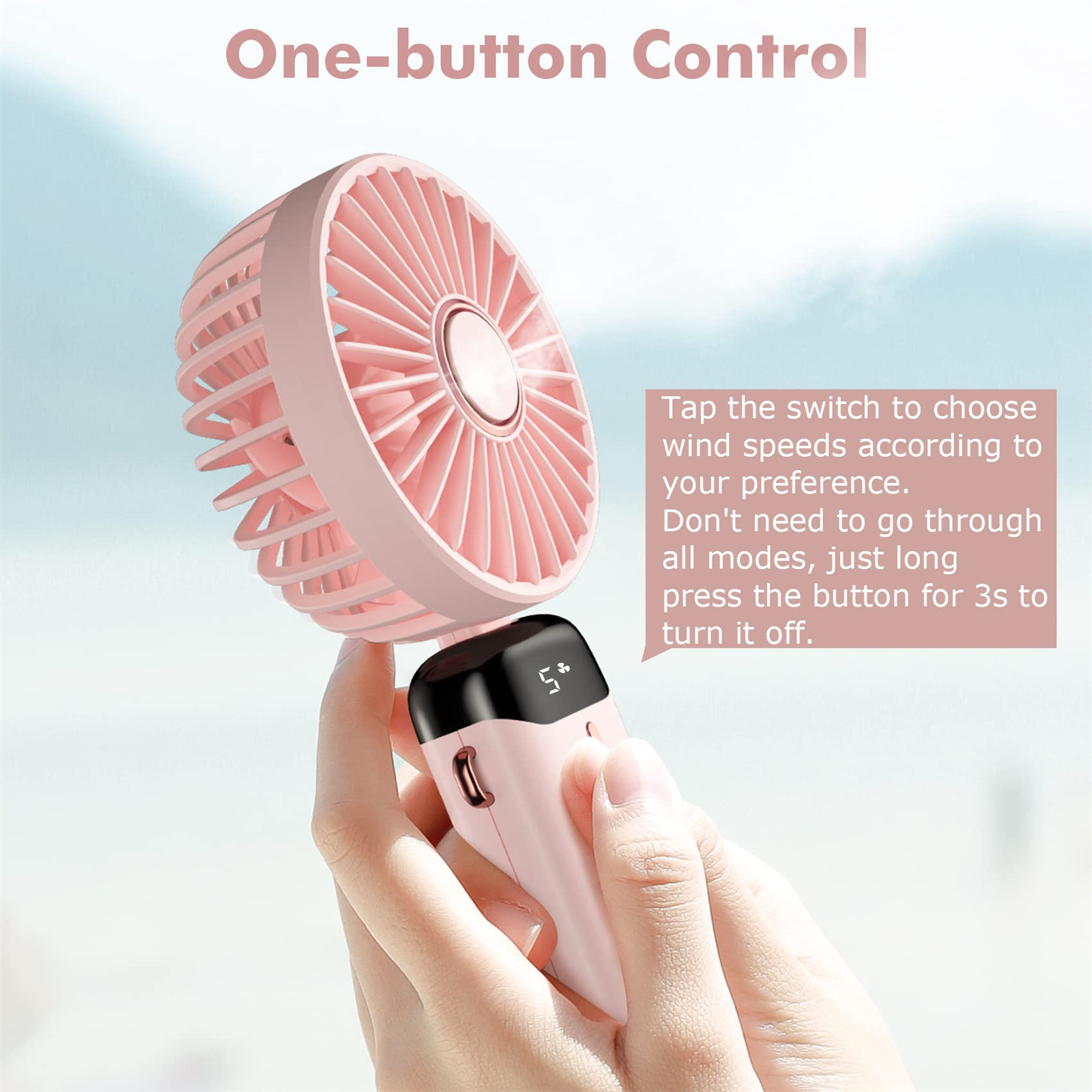 Ein rosa Mini-Ventilator wird in einer Hand gehalten. Text zeigt Ein-Knopf-Bedienung und Windgeschwindigkeitseinstellungen.