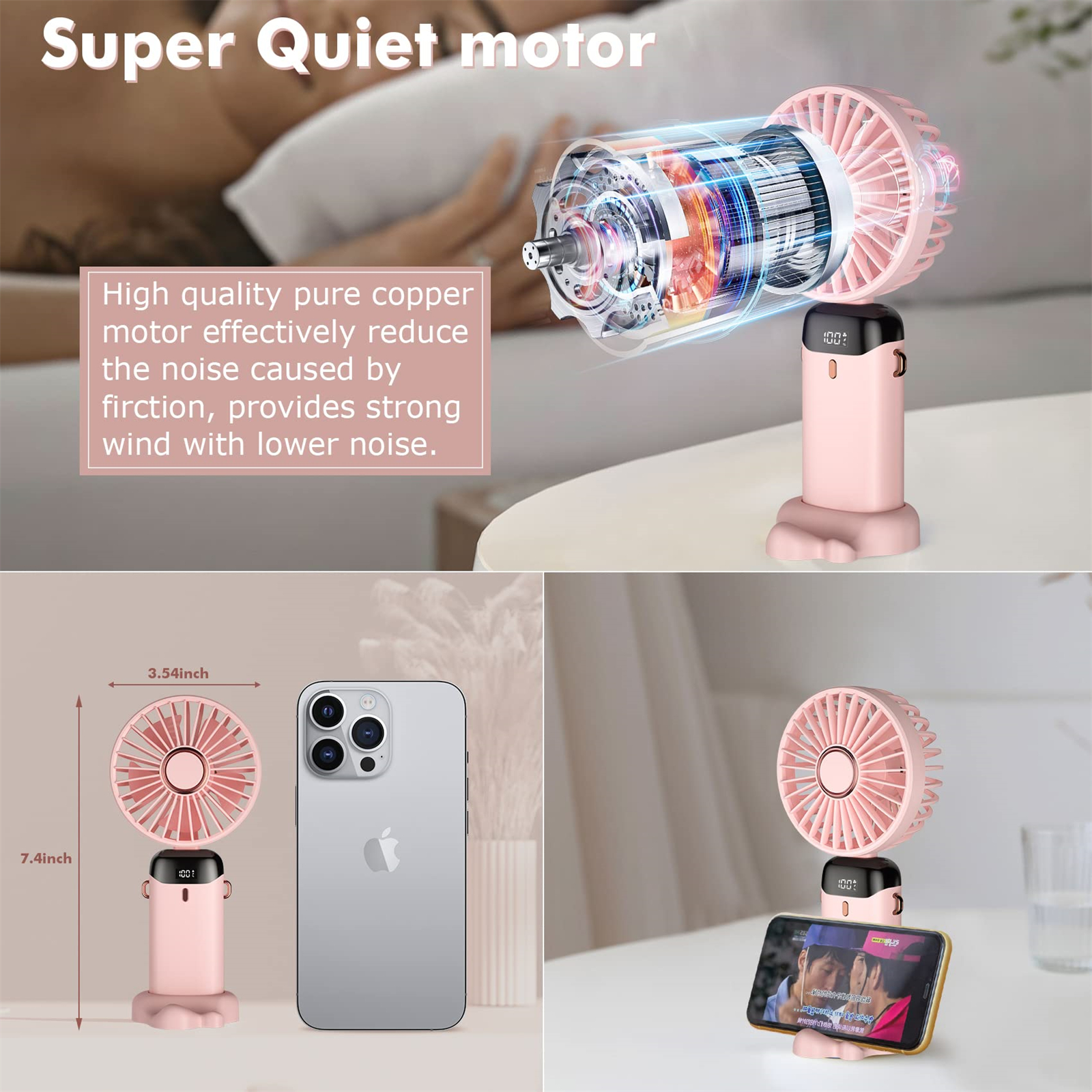 Rosa Mini-Ventilator mit Digitalanzeige. Text zeigt Funktionen, einschließlich leisem Motor, Telefon und Größe