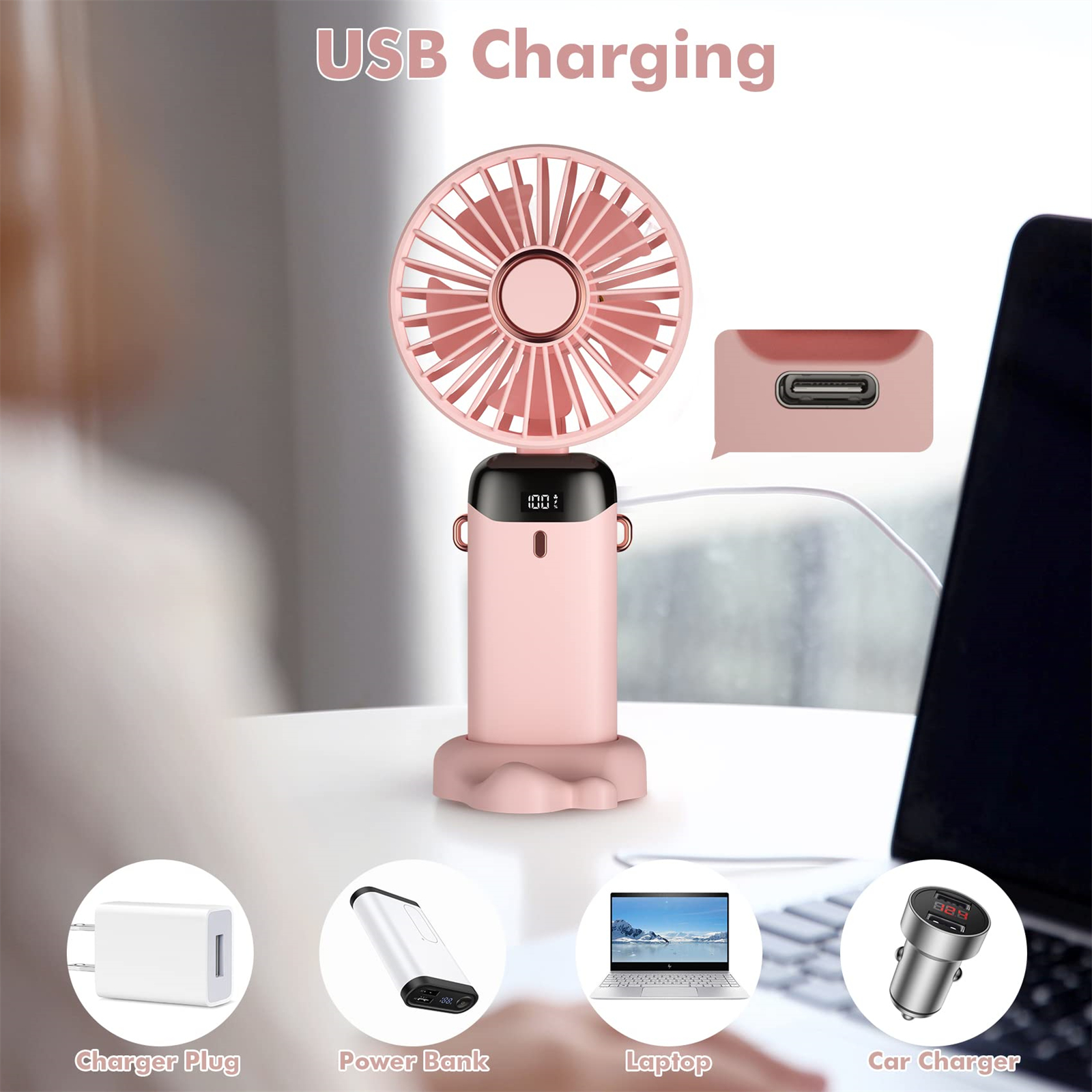Rosa Mini-Ventilator mit Ladeoptionen: Ladegerät, Powerbank, Laptop und Autoladegerät; alles wird gezeigt.
