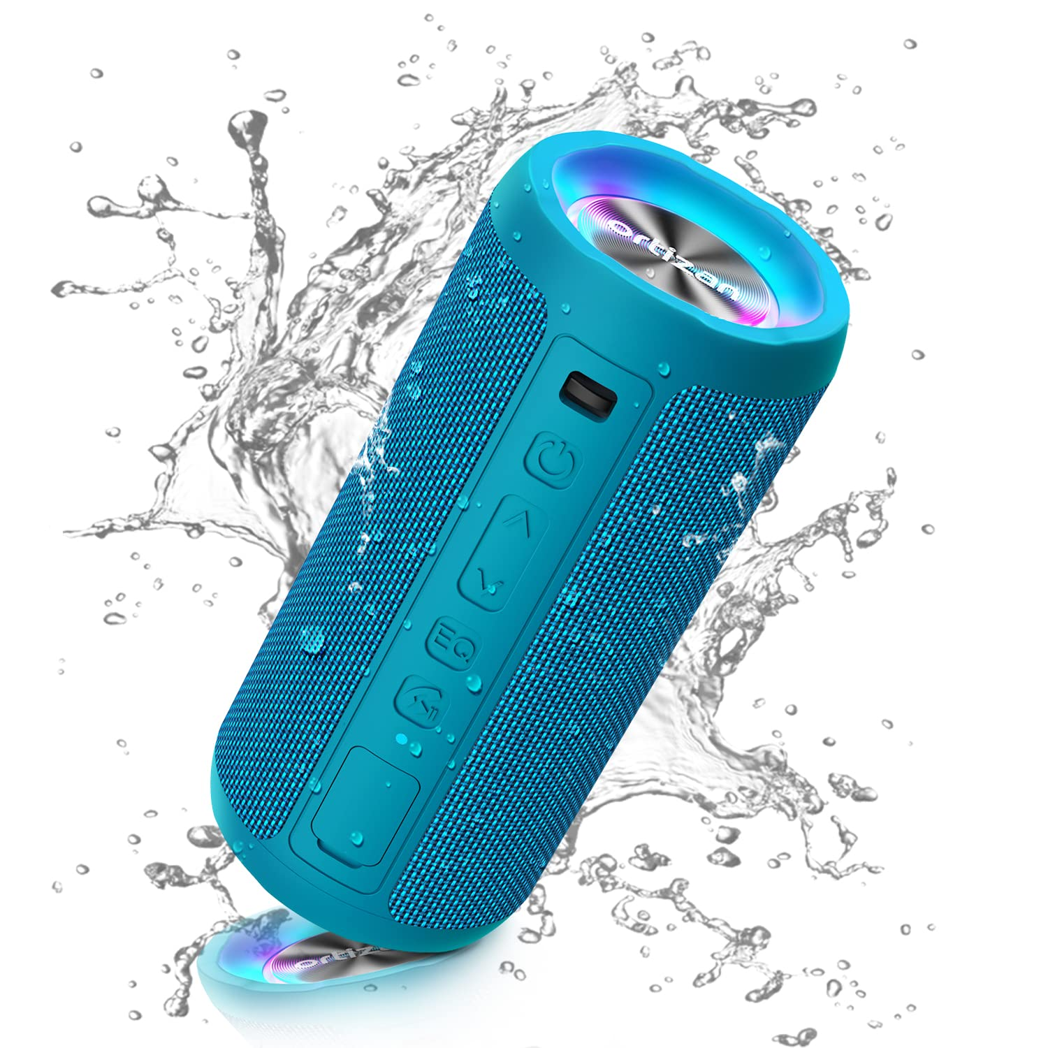 Blauer tragbarer Lautsprecher mit Wasserspritzern. Knöpfe und Lichter an der Seite.