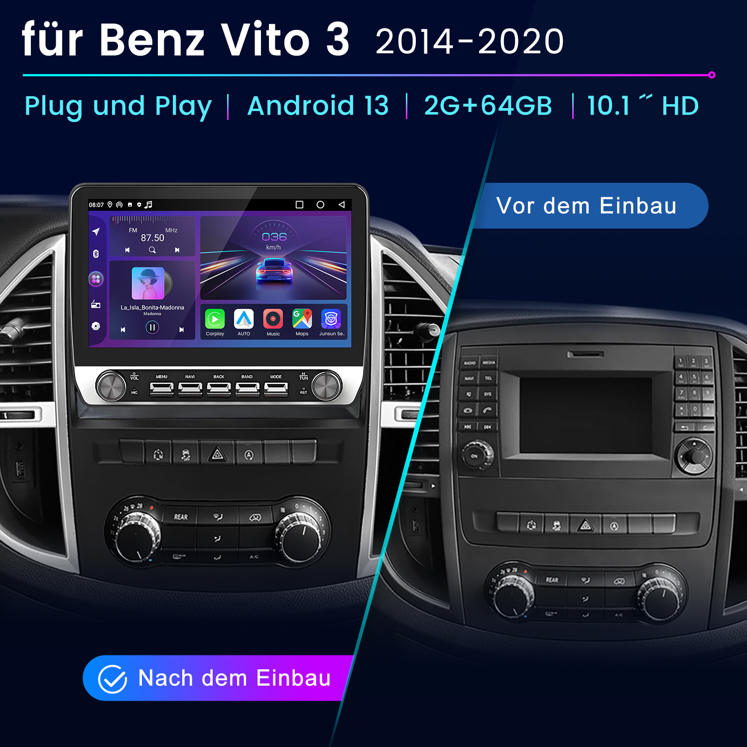 Autoradio-Installation, mit einem Bildschirm, der eine Karte und eine Musikoberfläche anzeigt, vor und nach der Installation.