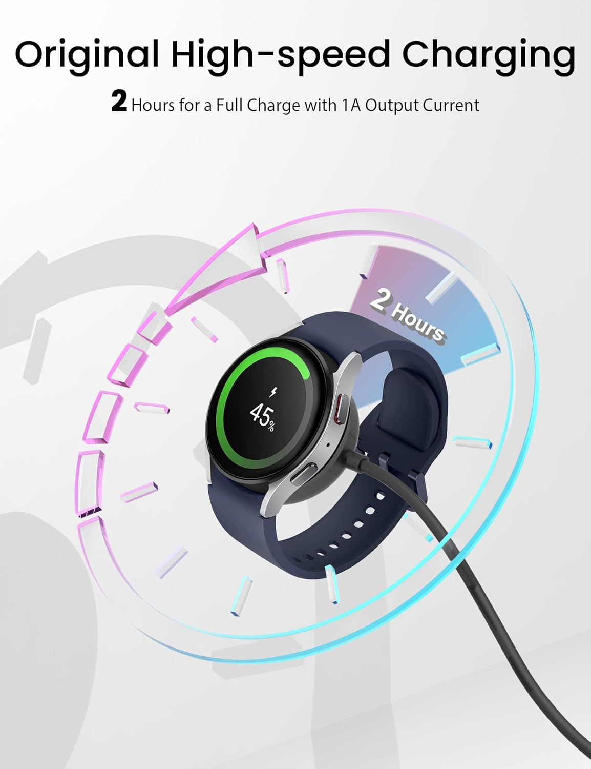 Eine Samsung Smartwatch, die kabellos geladen wird und 45 % Ladung anzeigt, mit einem Ladekabel und blauem Hintergrund.