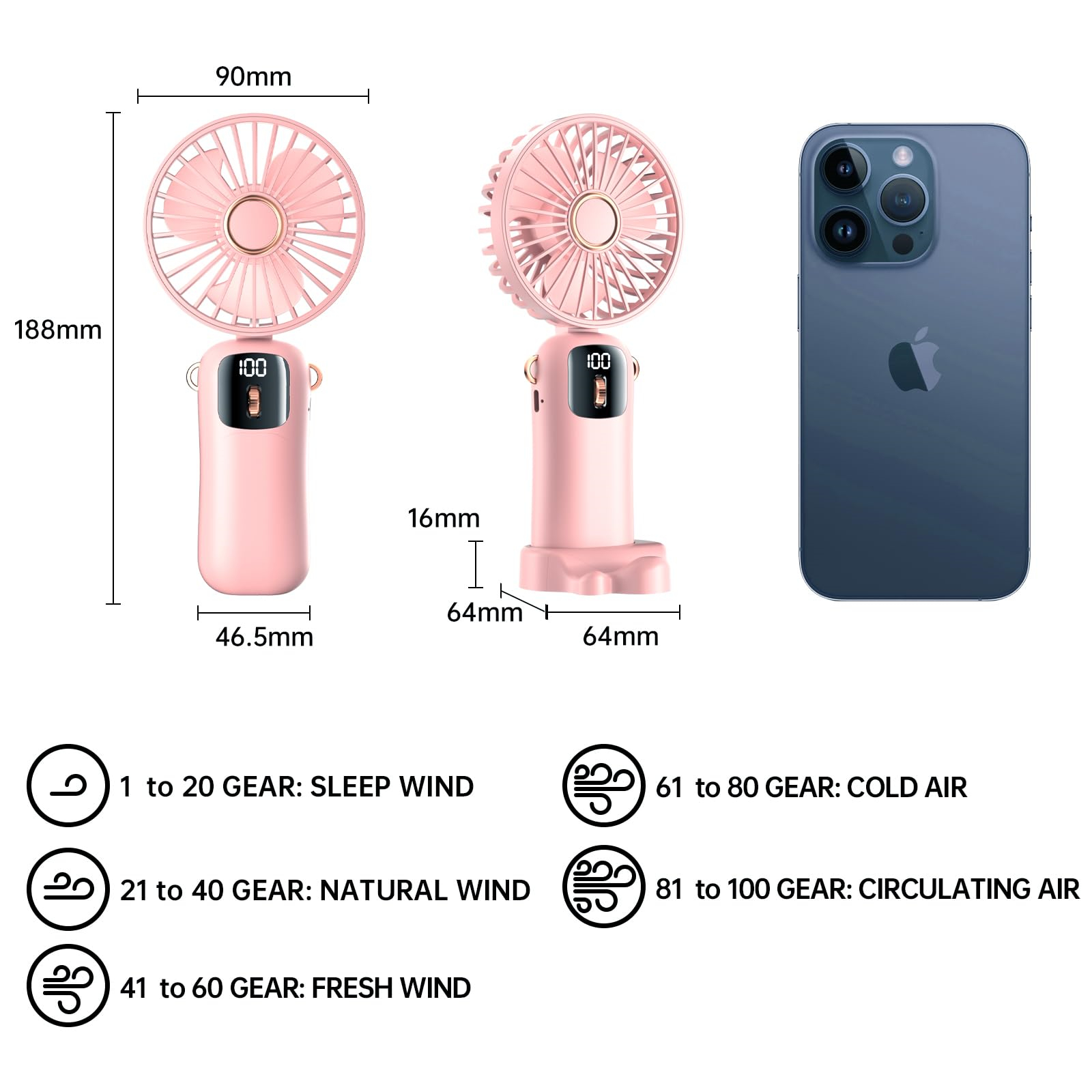 Pinker tragbarer Ventilator mit Digitalanzeige '100' und Abmessungen.