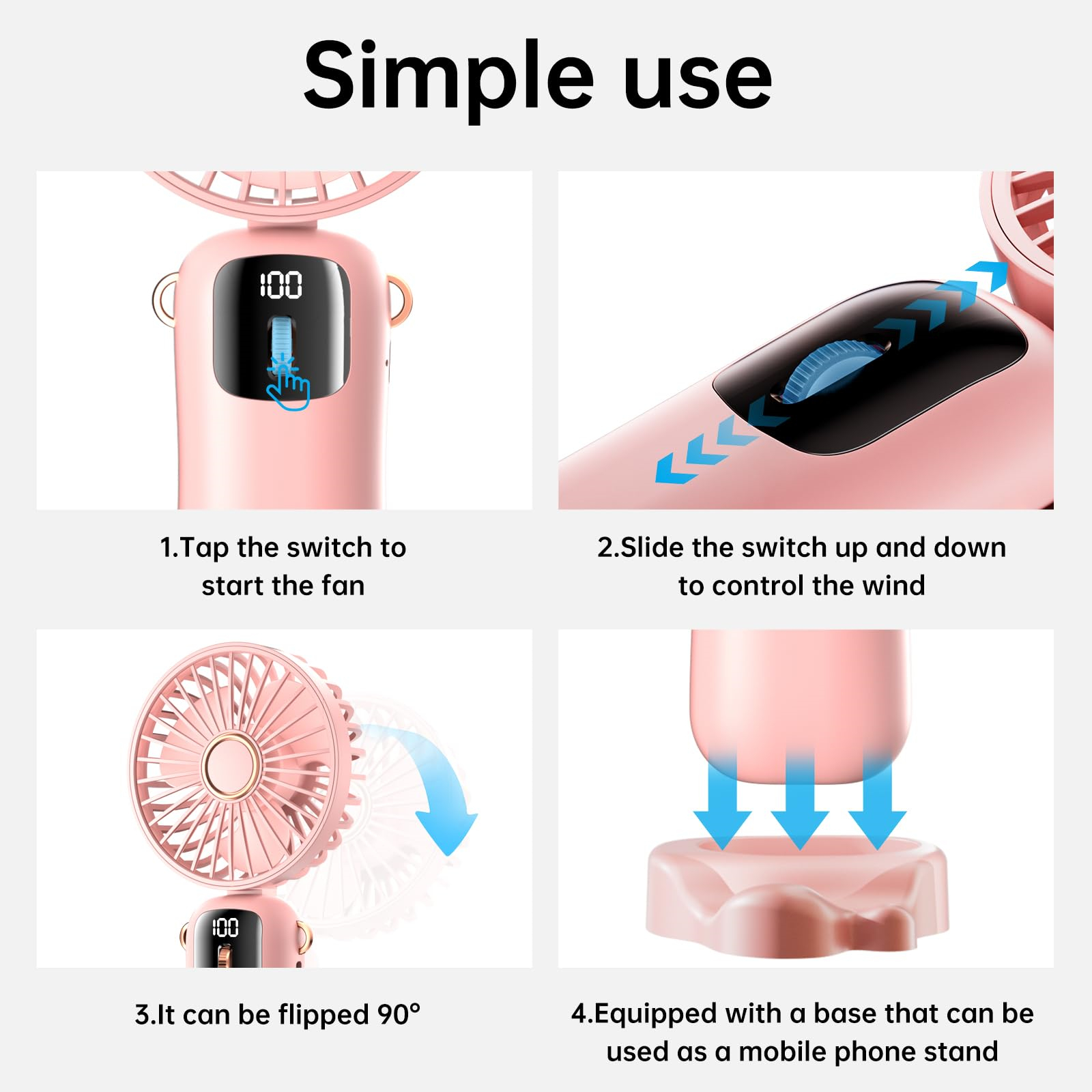 Anweisungen für einen rosa Ventilator: Tippen zum Starten, Schieben zur Windsteuerung, 90° klappen und Ständer als Telefonhalter.
