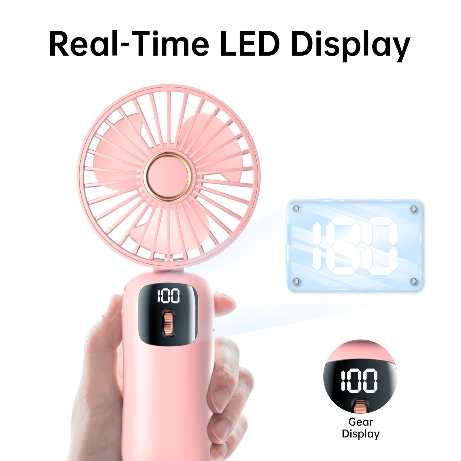 Rosa Handventilator mit LED-Anzeige, die 100% zeigt. Zusätzliche Anzeige zeigt die Ganganzeige.