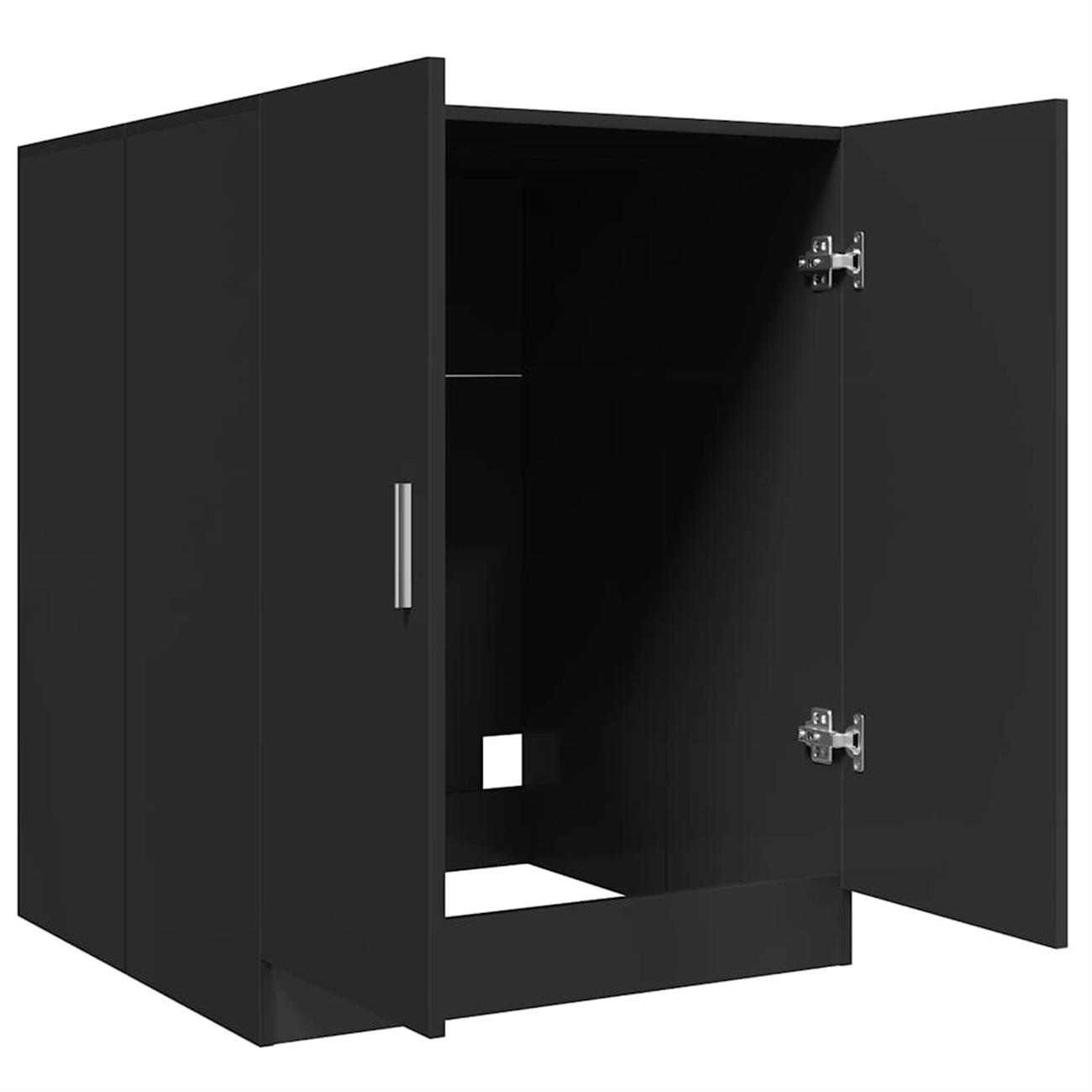 Schwarzer Schrank, offene Türen zeigen einen leeren Innenraum mit einem Regal und einem Loch.