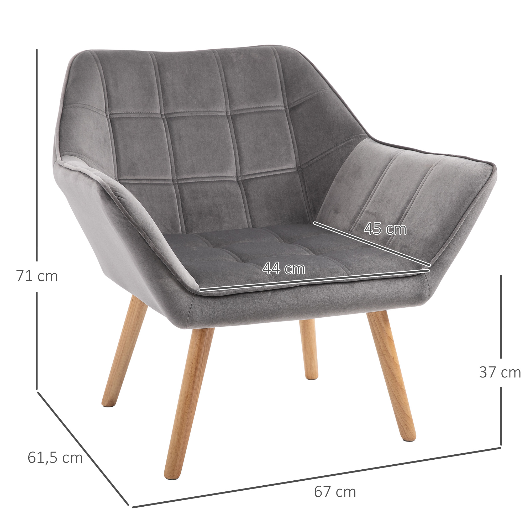 Sillón gris con patas de madera, dimensiones indicadas: 71cm, 61,5cm, 67cm, 44cm y 45cm.