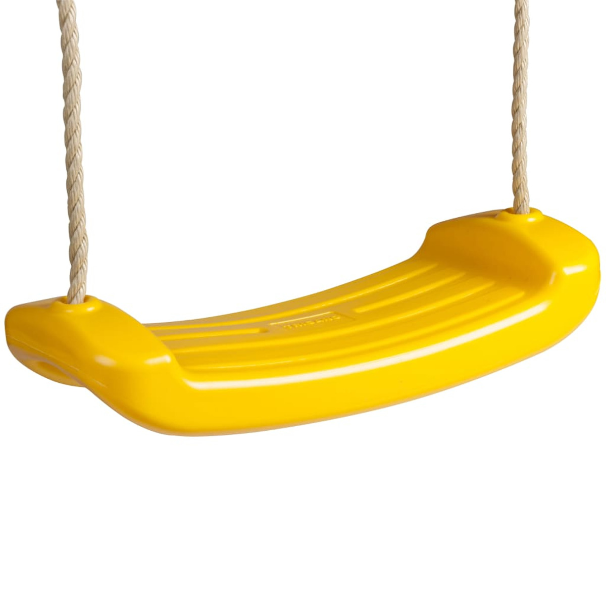 Sedile altalena giallo appeso a corde beige. Il sedile è curvo e liscio.