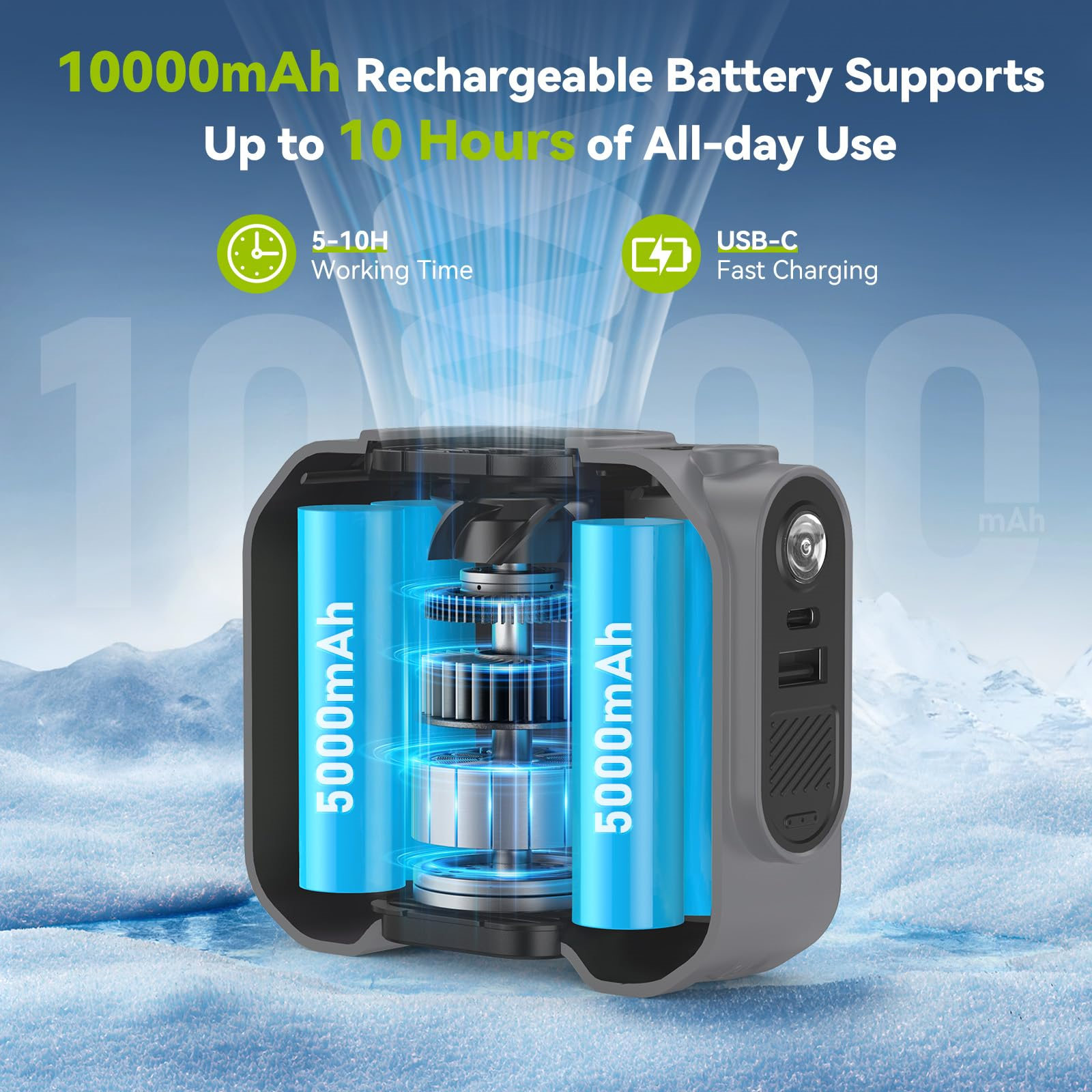 Schnittdiagramm eines Akkupacks. Zwei blaue 5000mAh Batterien und Informationstext.