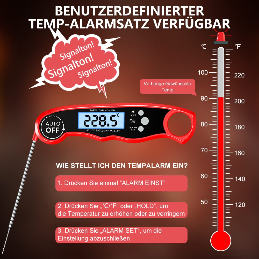 Ein rotes digitales Thermometer mit Anweisungen, zeigt 228,5°F und eine Temperaturskala.